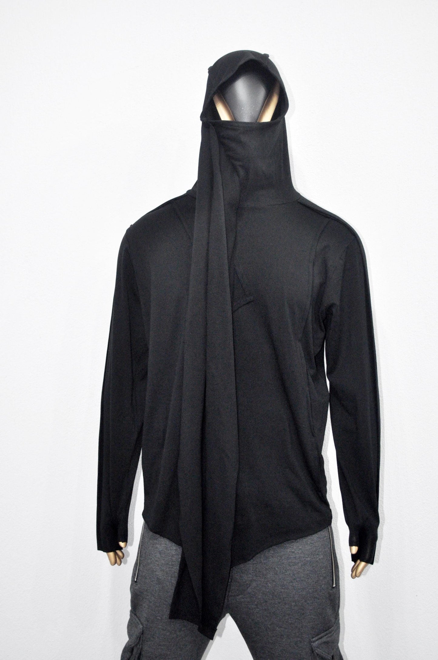 Men Long Sleeve Thumbs-Hole T shirt with Oversized Dystopian Shawl Scarf,Extra Long Wrap -BB512
