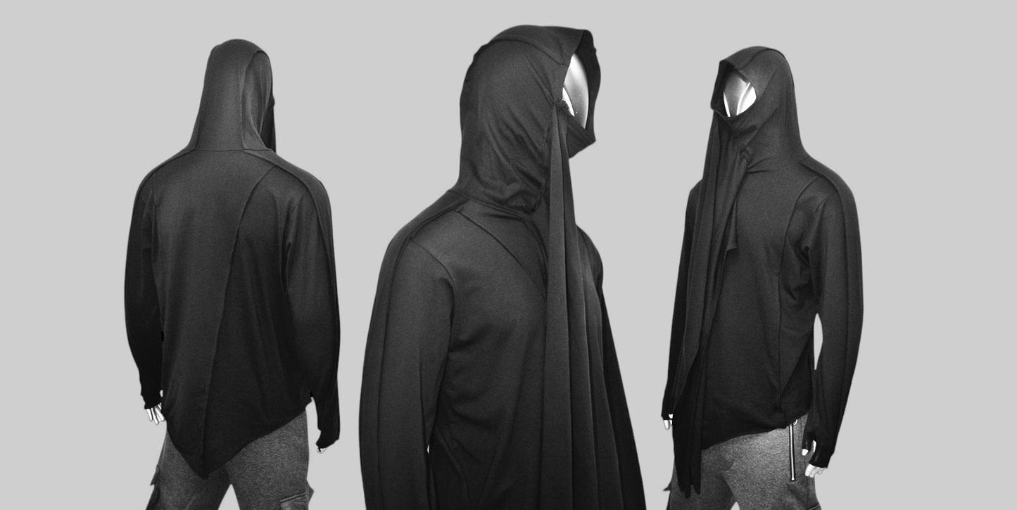 Men Long Sleeve Thumbs-Hole T shirt with Oversized Dystopian Shawl Scarf,Extra Long Wrap -BB512