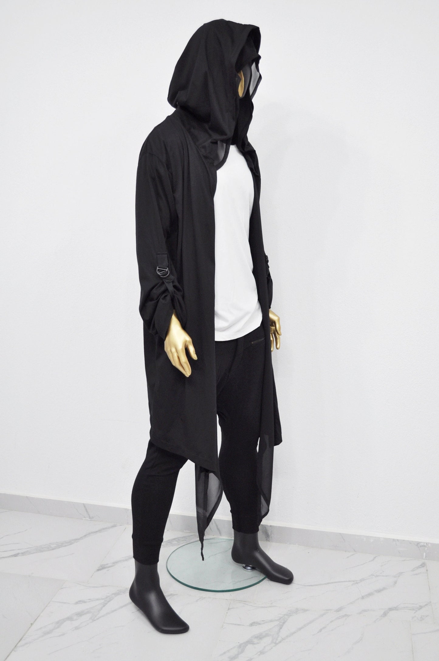 XS-8XL Men's Loose Overlong Whimsigoth Mesh Cardigan, Roll-up Sleeve,Rope Long Oversize Hood, Asymmetrical,Cyberpunk, Futuristic- BB0137