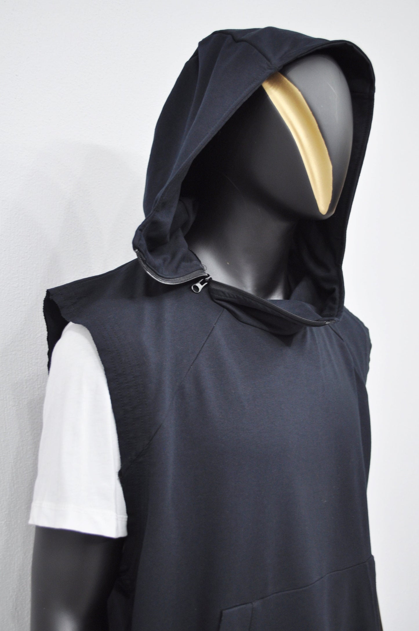 XS-8XL Men's Panel Hooded Tanktop, Raw Edges Adjusters Zip-up Hood and Collar,Streetwear Vest Hooded / Cyber Streetwear Assassin - BB0133