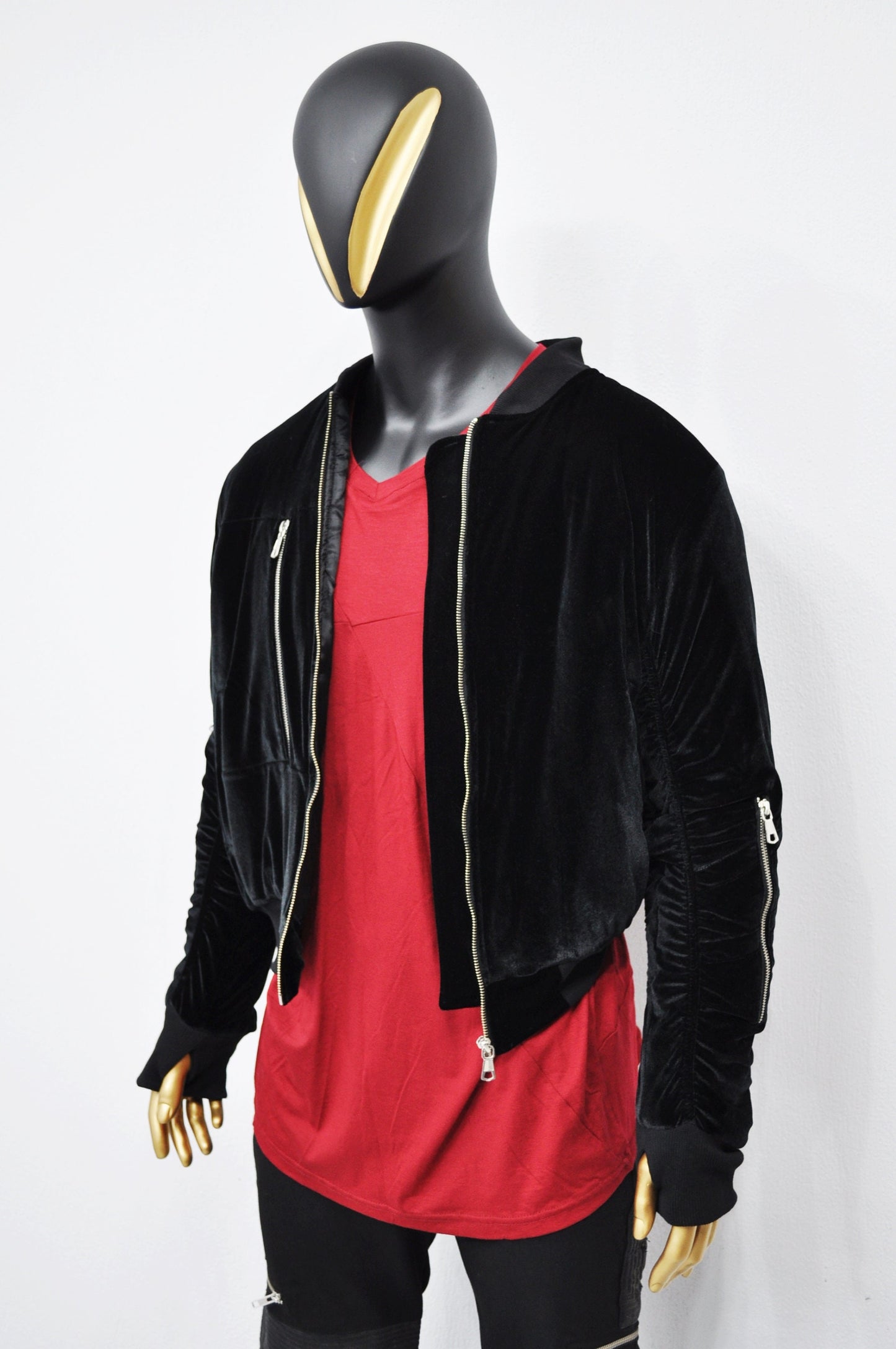 XS-8XL Men's Steampunk Velvet Bomber Jacket,Full-Zip Hoodie,Velour Zipper Sleeve Pockets, Quilted Stich Lines,Cyber Jacket,Futuristic- BB017