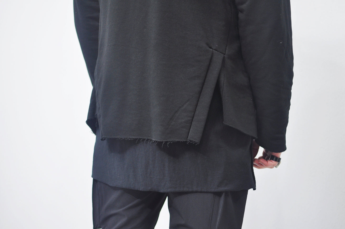 XS-8XL DISTORTION HOODIE, Contrast Stitching Black Sweatshirt,Cotton Fleece Construction, Asymmetric paneling,High-neck,Long sleeves- BB0103