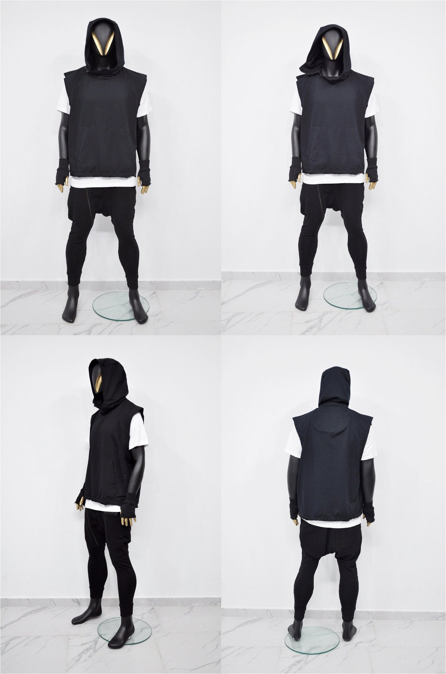 XS-8XL Men's Panel Hooded Tanktop, Raw Edges Adjusters Zip-up Hood and Collar,Streetwear Vest Hooded / Cyber Streetwear Assassin - BB0133