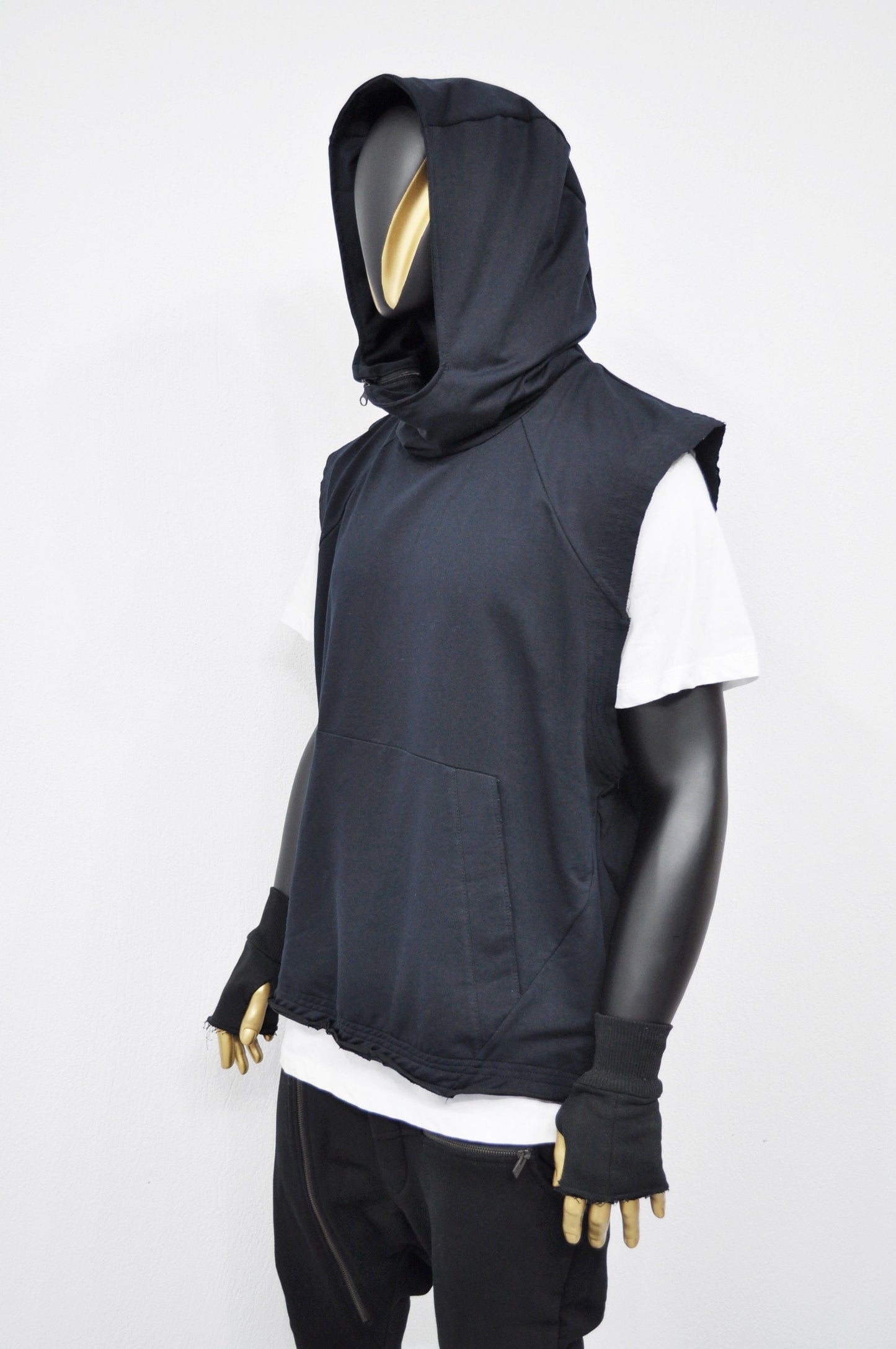 XS-8XL Men's Panel Hooded Tanktop, Raw Edges Adjusters Zip-up Hood and Collar,Streetwear Vest Hooded / Cyber Streetwear Assassin - BB0133