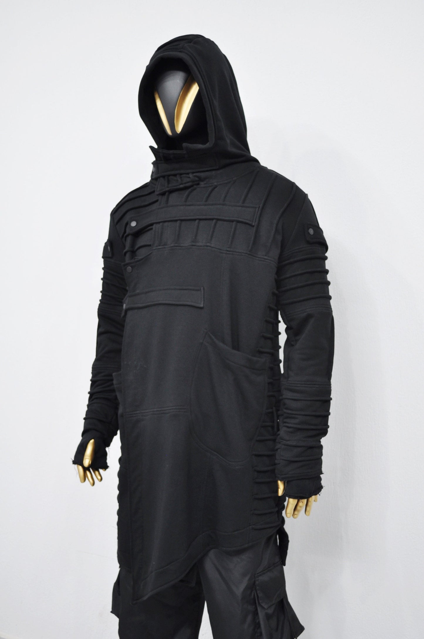 XS-8XL Men's Black Quilted Sleeves Cardigan Loose JACKET,Cyber Goth ,Long Asymmetric Cosplay, Futuristic- Post Apocalyptic Dystopian- BB0122