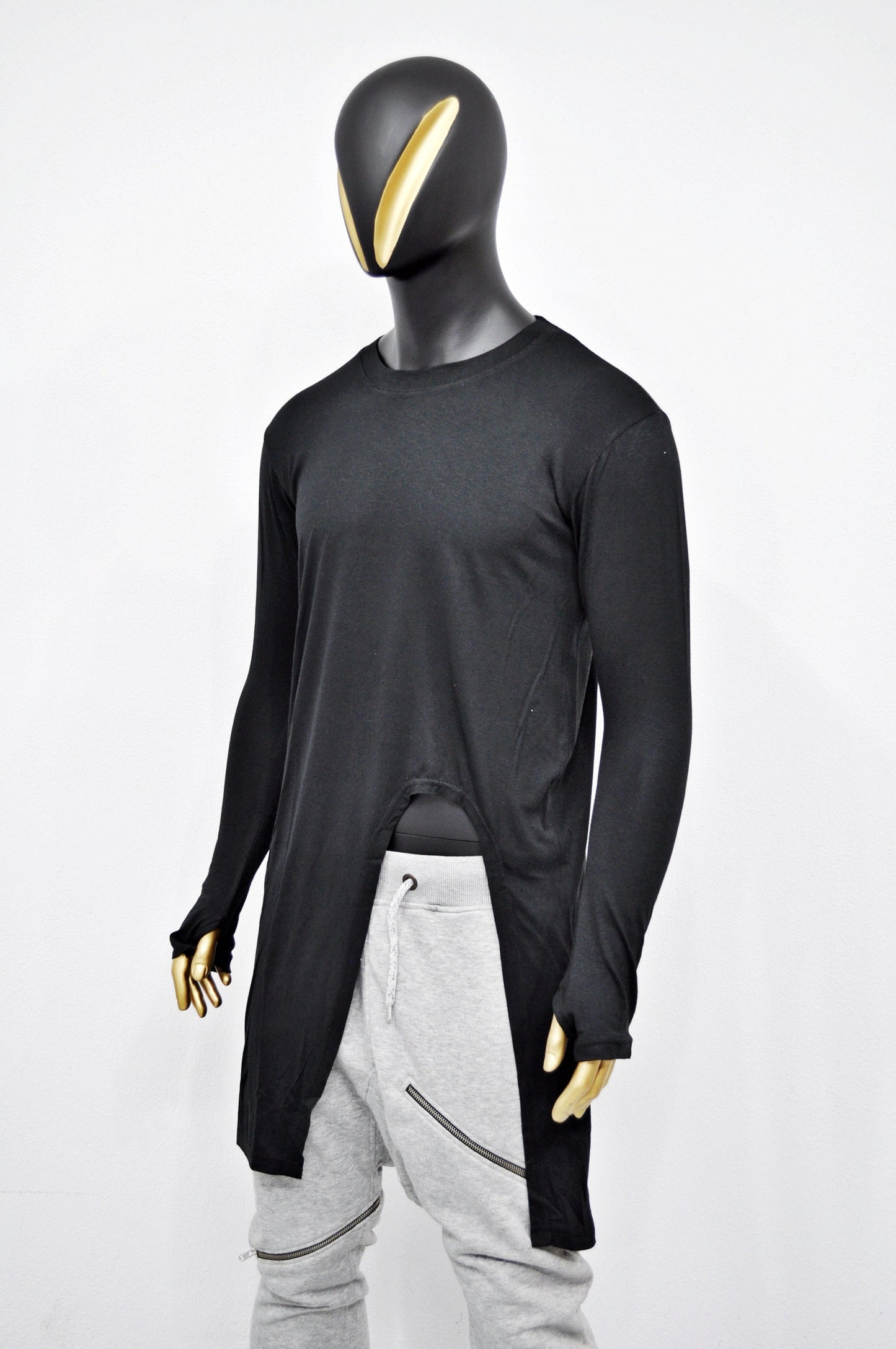 XS-8XL Long Sleeve Viscose Cotton Asymmetrical Cut,Round Neck LongTuxedo Tail Tshirt,Overlong Loose,Irregular,Streetwear Extended-BB418