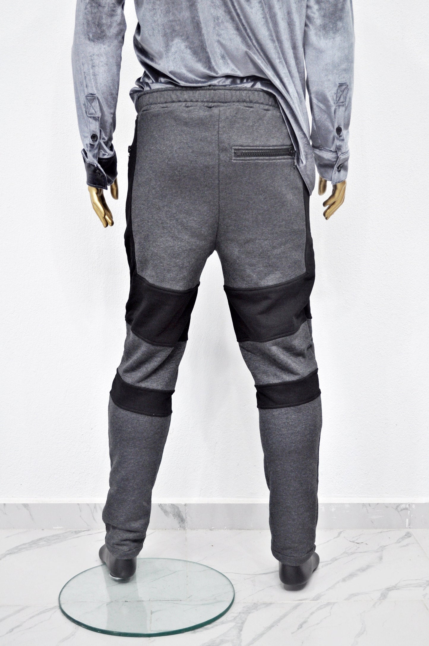 XS - 8XL Men's Biker Drop Crotch Shadow Joggers-Black Panel Elastic Band Tapered Leg Trouser,Zip Pockets Relaxed Sweatpants,Streetwear-BB253