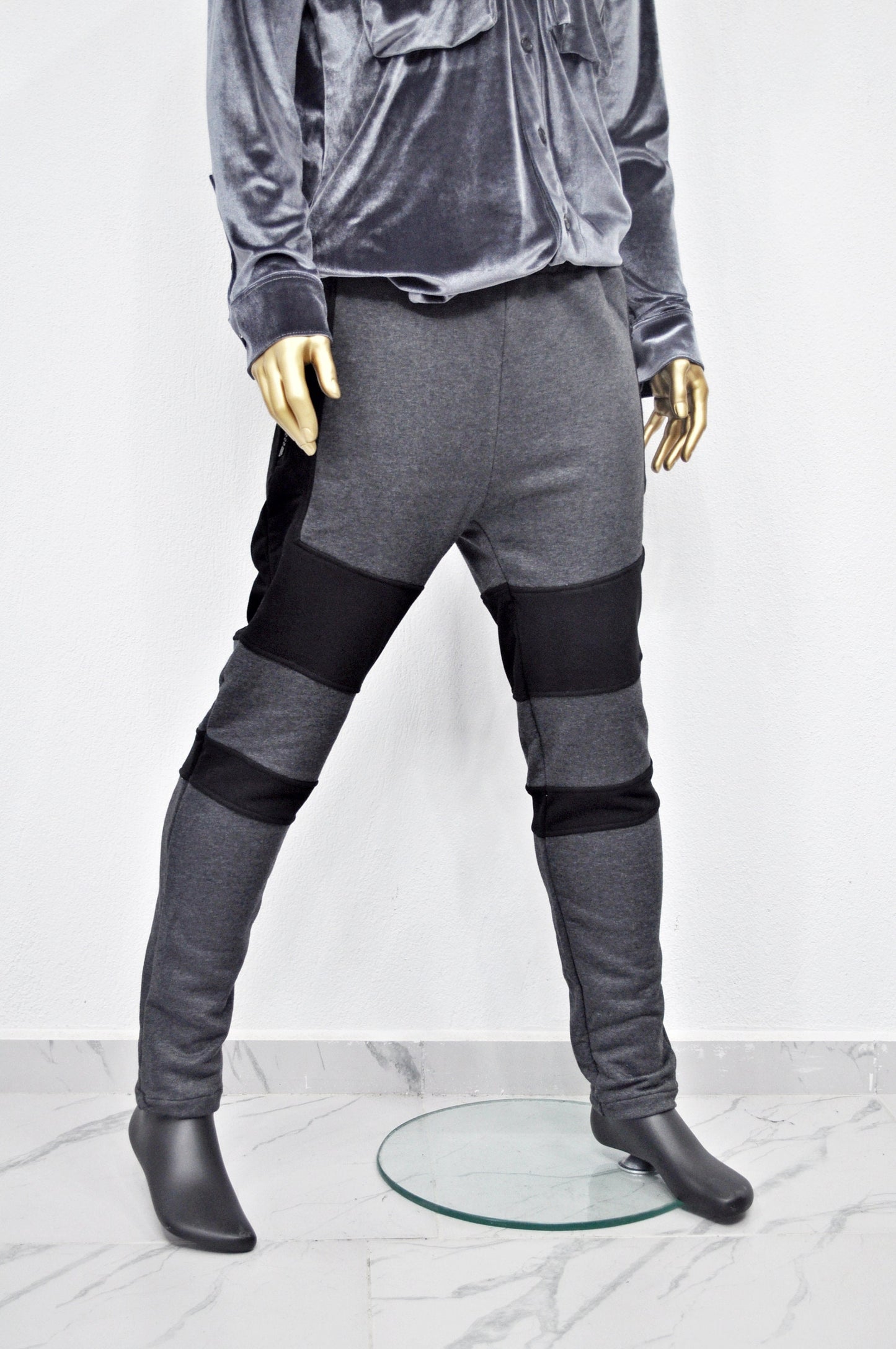 XS - 8XL Men's Biker Drop Crotch Shadow Joggers-Black Panel Elastic Band Tapered Leg Trouser,Zip Pockets Relaxed Sweatpants,Streetwear-BB253