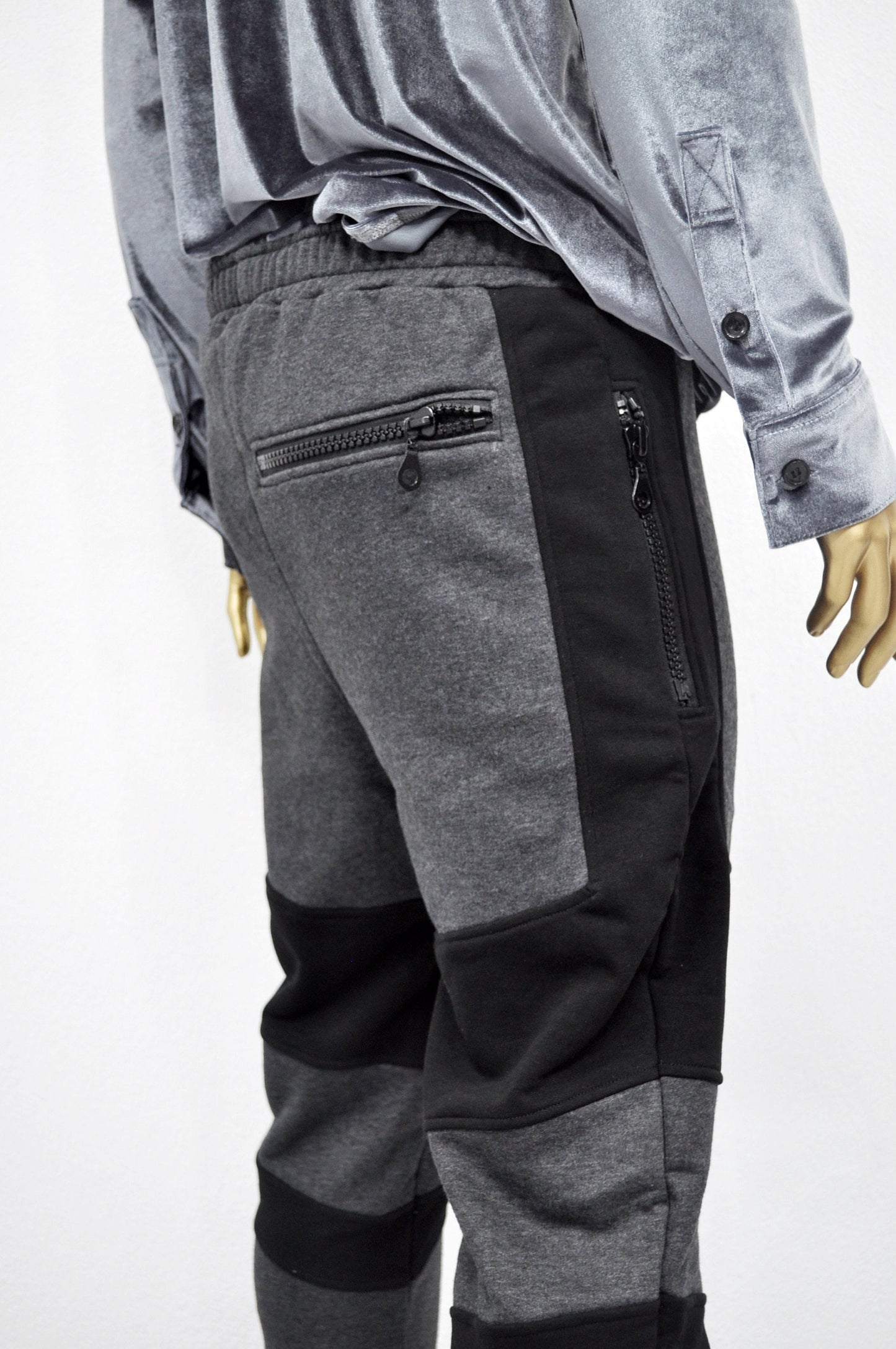 XS - 8XL Men's Biker Drop Crotch Shadow Joggers-Black Panel Elastic Band Tapered Leg Trouser,Zip Pockets Relaxed Sweatpants,Streetwear-BB253