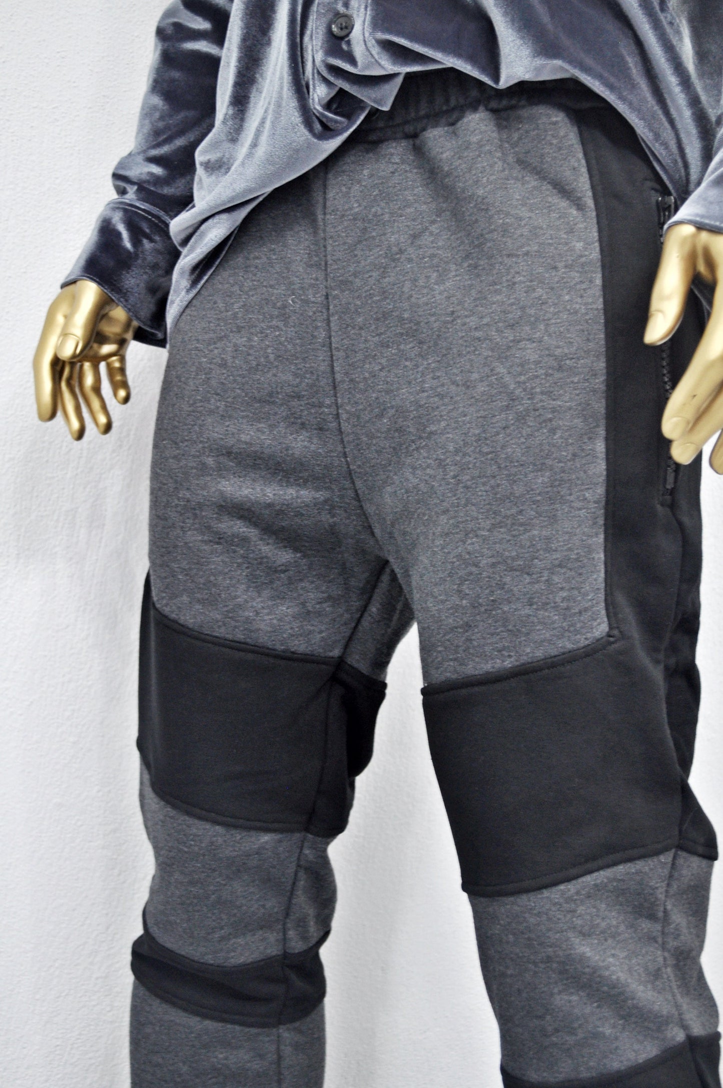XS - 8XL Men's Biker Drop Crotch Shadow Joggers-Black Panel Elastic Band Tapered Leg Trouser,Zip Pockets Relaxed Sweatpants,Streetwear-BB253
