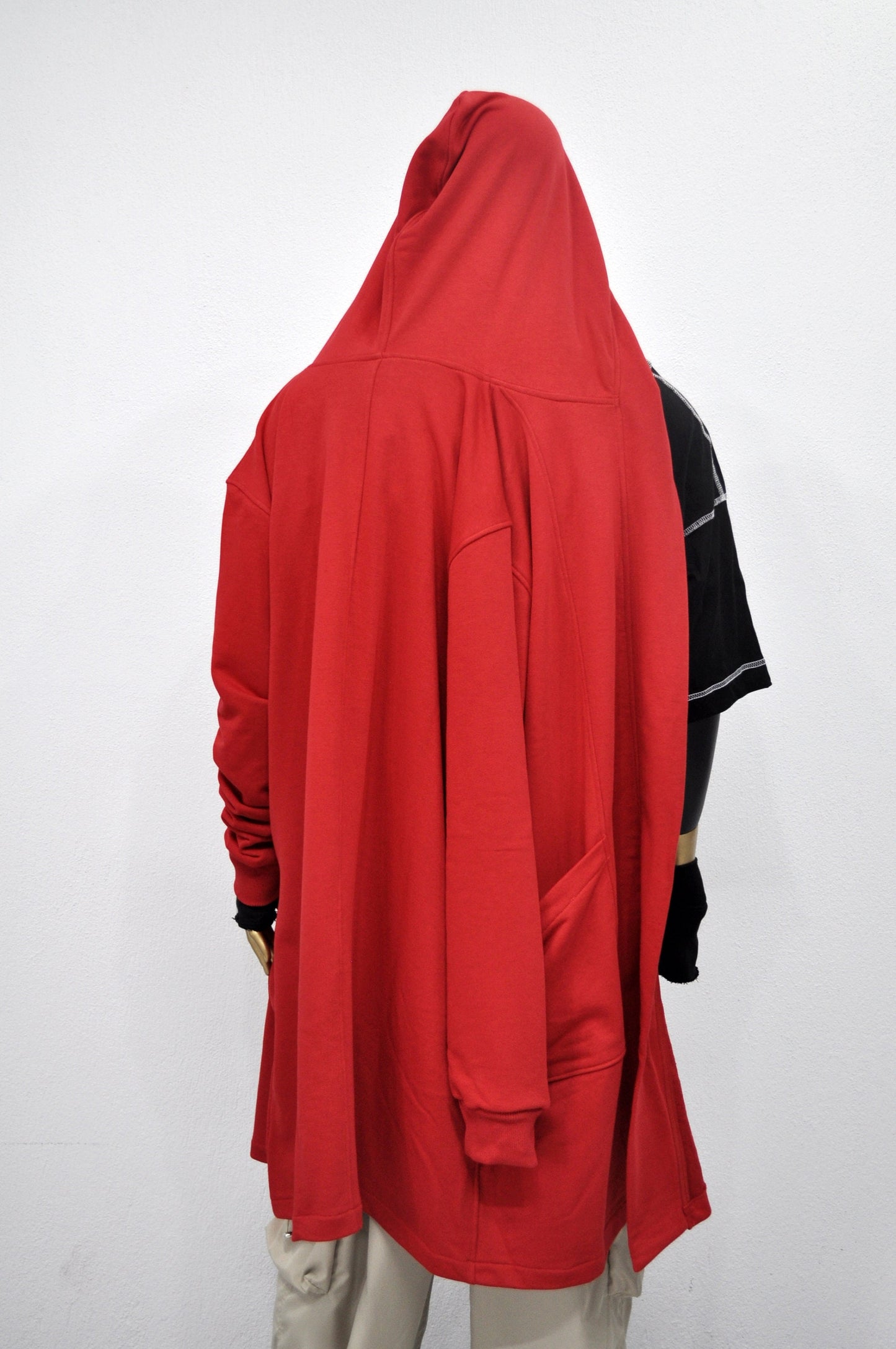 XS-8XL Red Oversize Overlong Loose Cardigan with Hood,Side Pockets Windbreaker Cloak,Cyberpunk Techwear Cape Coat, Futuristic Clothes- BB159