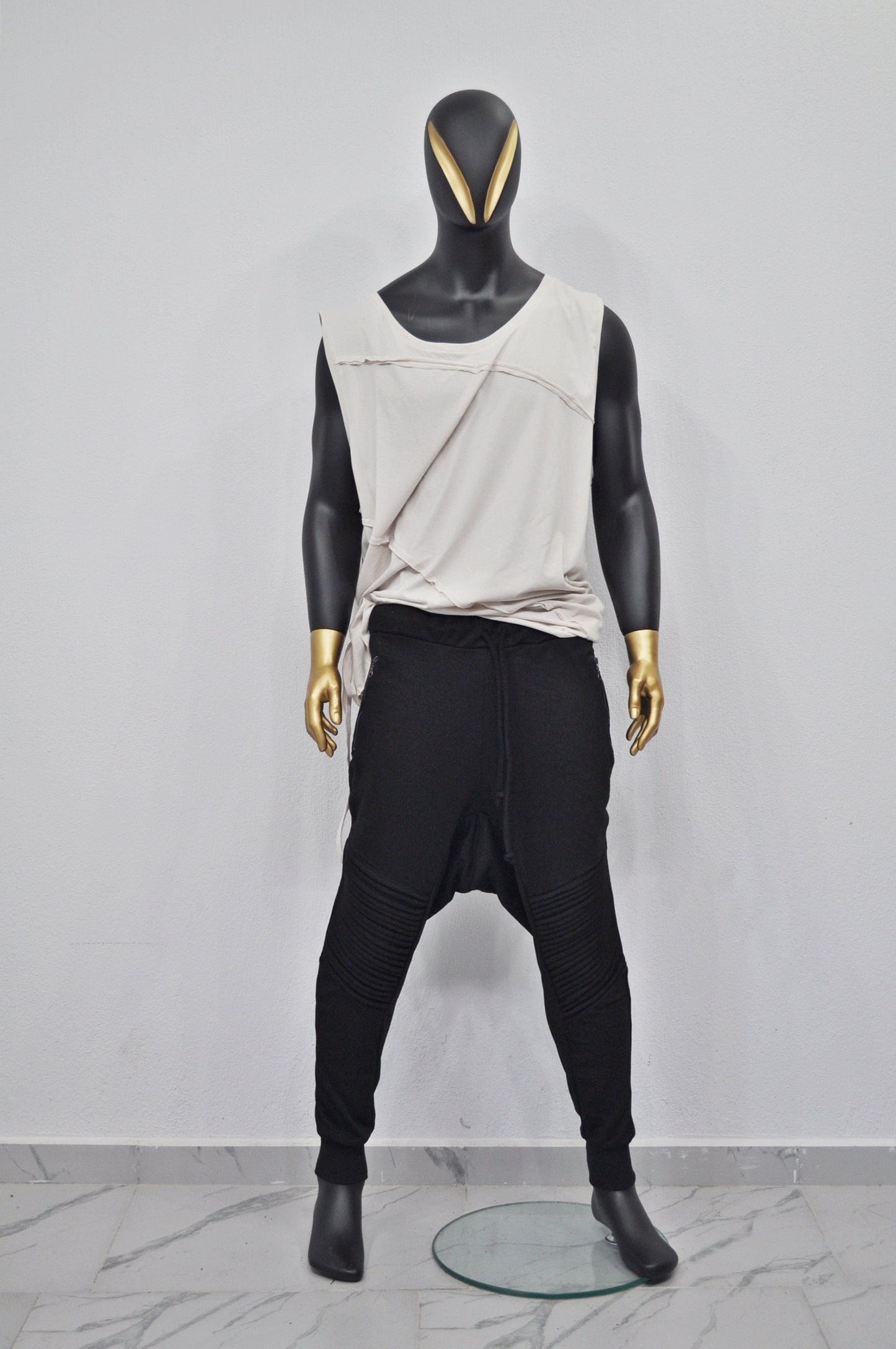 XS-8XL Men's Moto Biker Jogger,Elastic Waist,Zip Pockets,Slim-Fit Quilted Knee,Low Crotch Tappered Harem Relaxed Sweatpant,,Steampunk-BB223