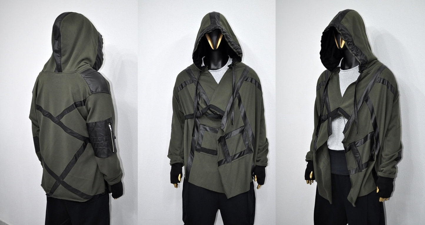 XS-8XL Leather Trim Creed Giant Hood Asymetrical Dust Shawl Cardigan Hoodie,Cyber Long SteamPunk festival,Kimono Gothic Soft Ashassin-BB0167