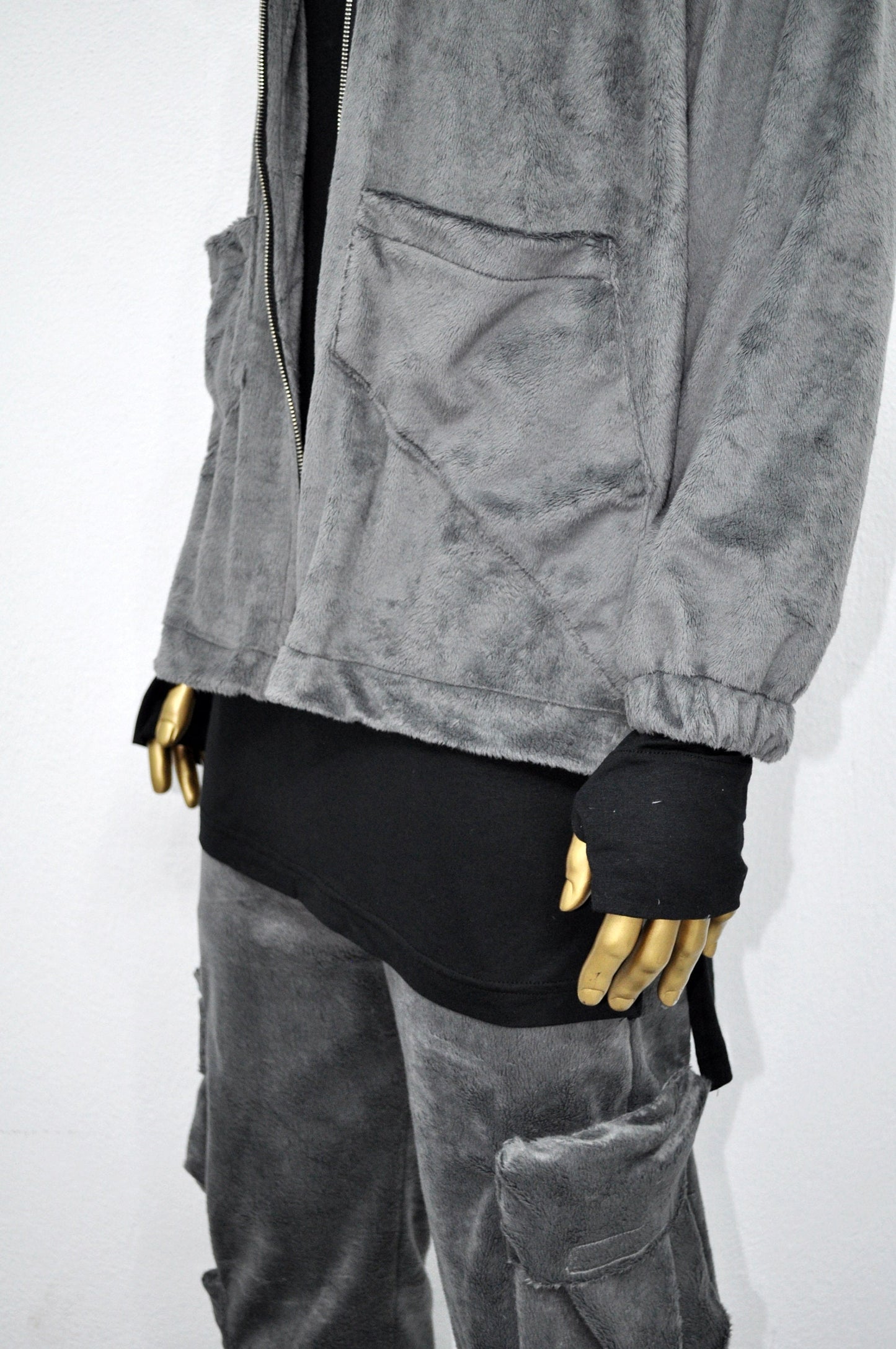 XS-8XL Winter Soft Velour Jacket, Comfort Loose Top, Asymetrical Pockets Goth Full zip Cardigan Polo High Neck Hoodie, SteamPunk -BB0171