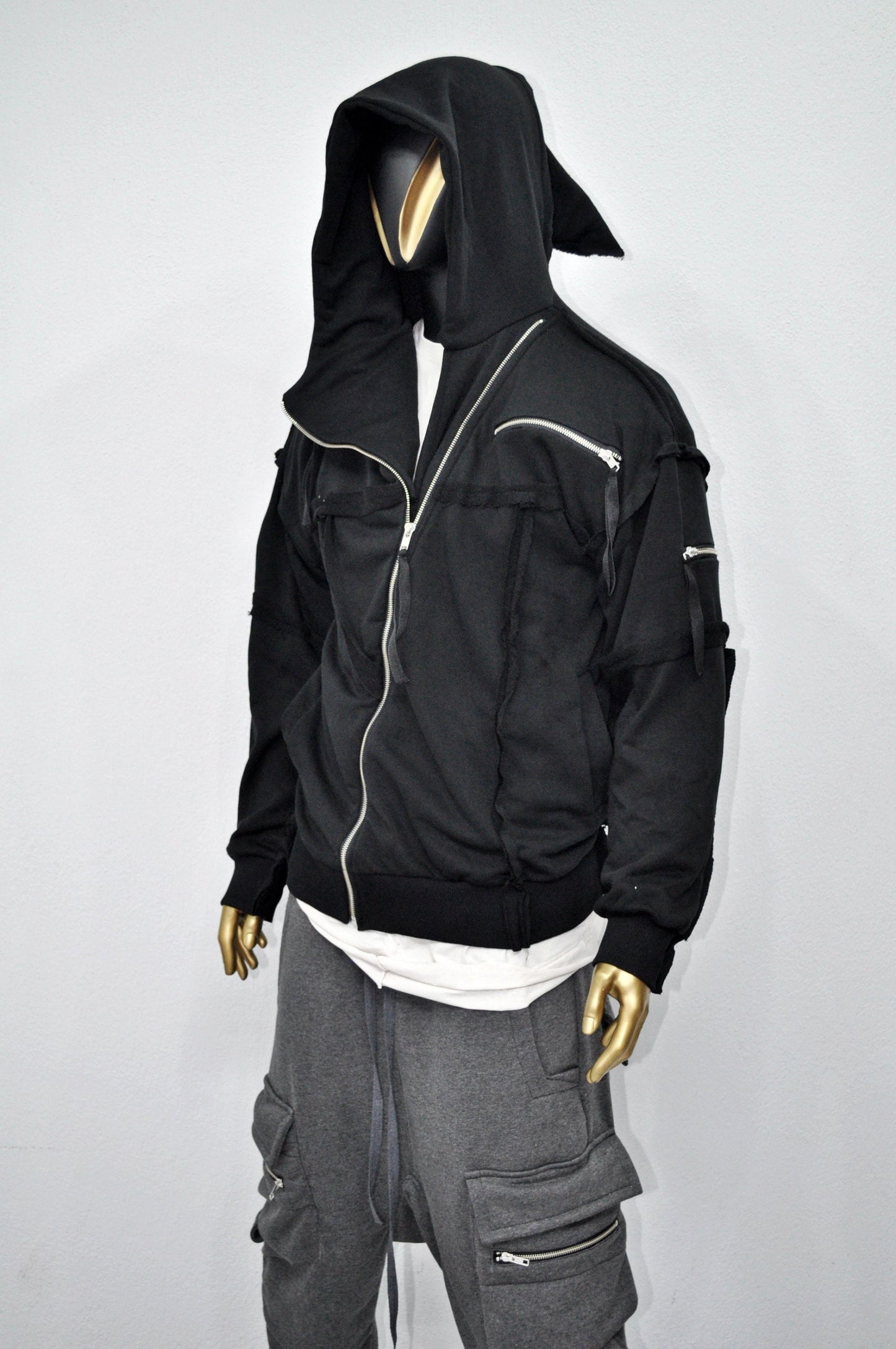 XS-8XL Men's Asymmetric Cut, Fleece Pullover, Black Jumper Top, Ashassin Tech Zipper Sleeve Goth Long Jacket Hoodie, Handmade Gift - BB0175