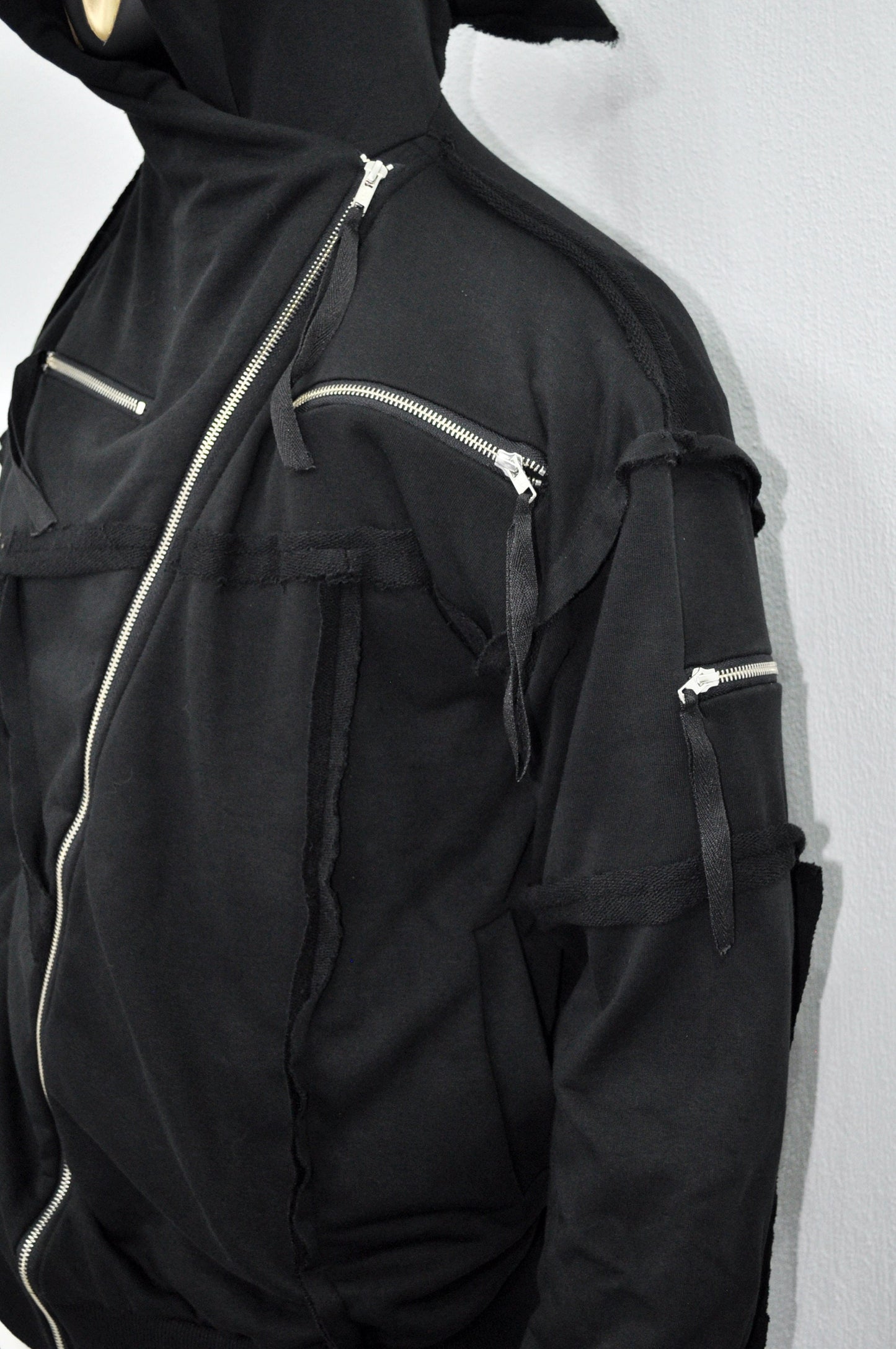 XS-8XL Men's Asymmetric Cut, Fleece Pullover, Black Jumper Top, Ashassin Tech Zipper Sleeve Goth Long Jacket Hoodie, Handmade Gift - BB0175