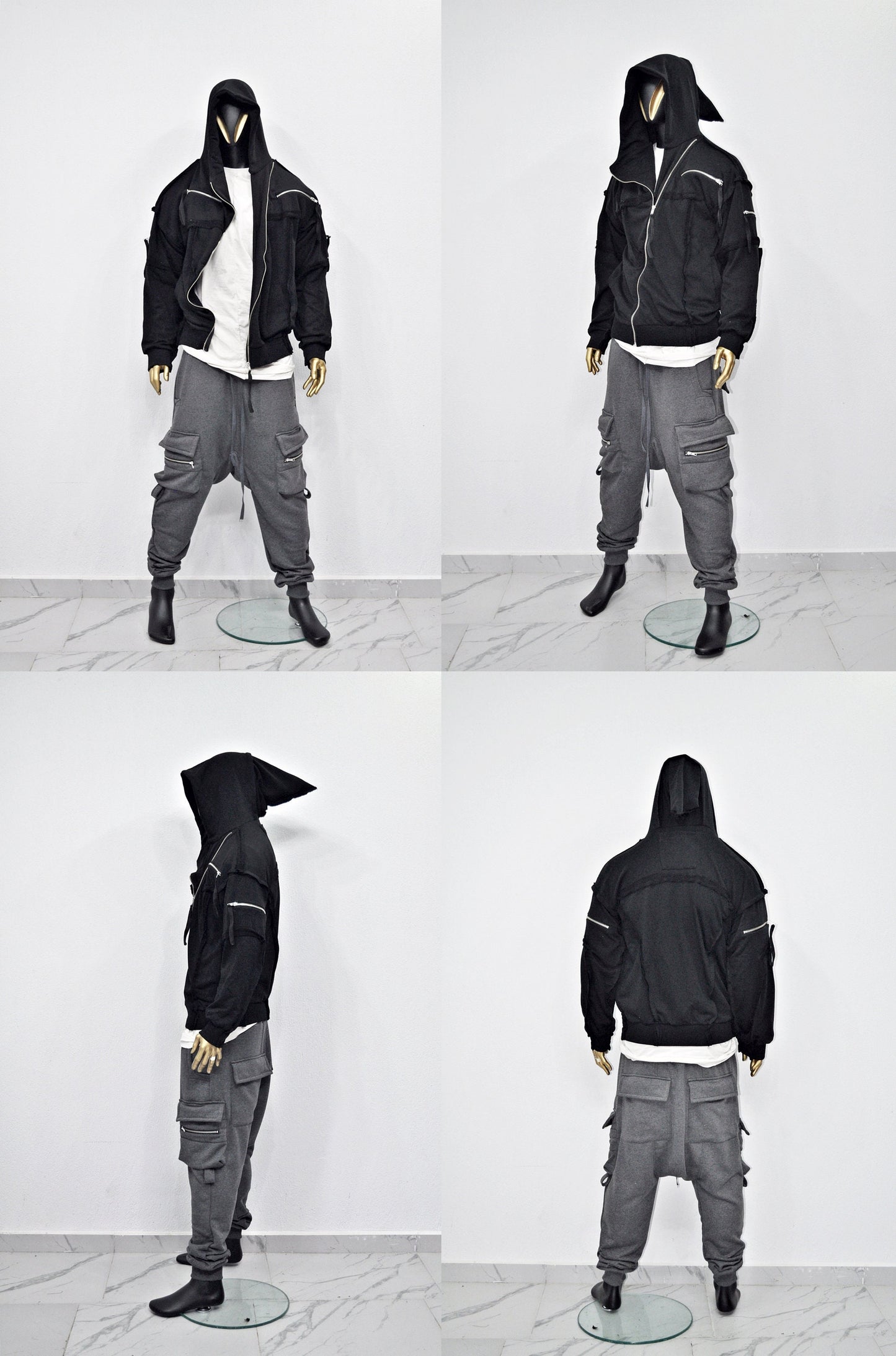 XS-8XL Men's Asymmetric Cut, Fleece Pullover, Black Jumper Top, Ashassin Tech Zipper Sleeve Goth Long Jacket Hoodie, Handmade Gift - BB0175