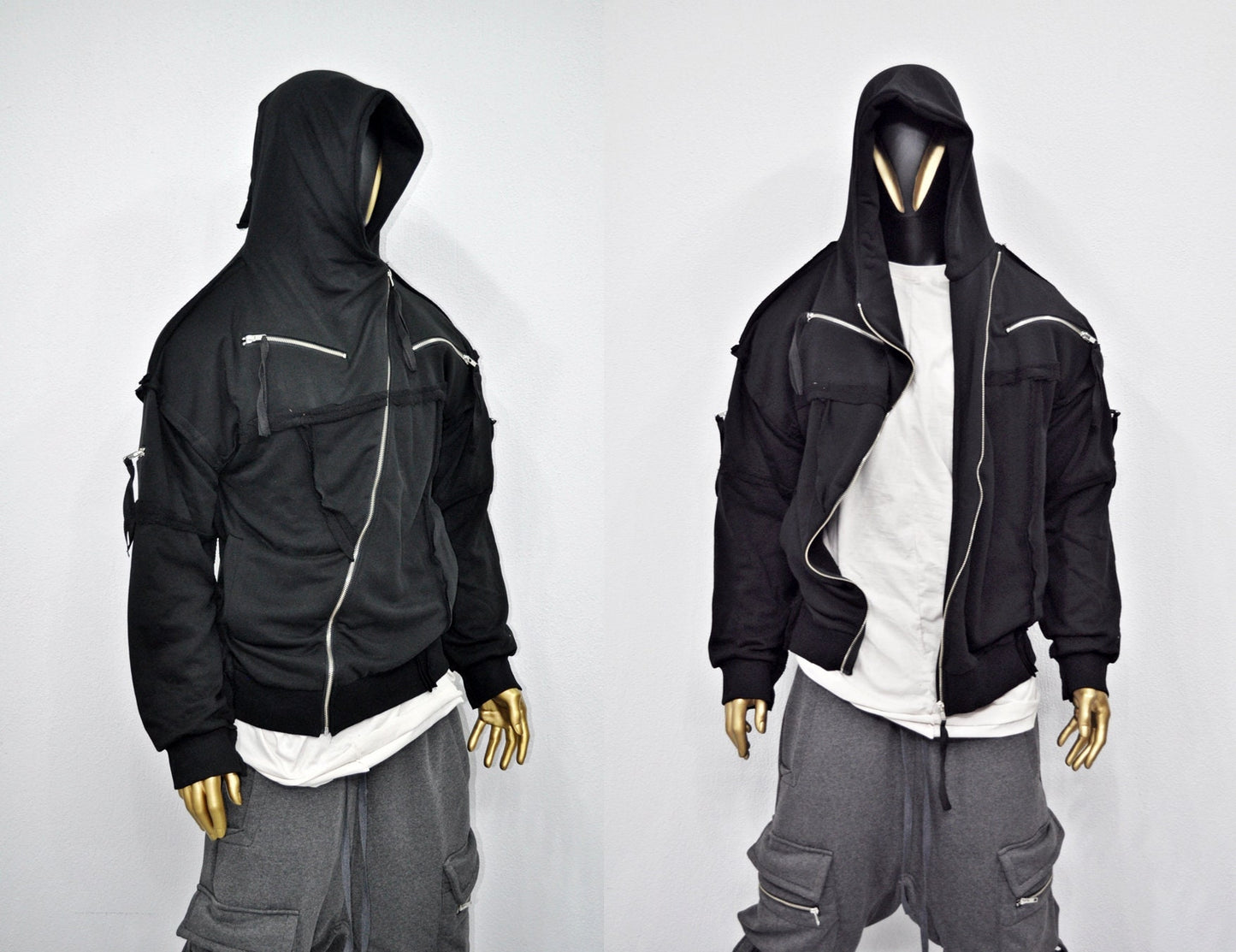 XS-8XL Men's Asymmetric Cut, Fleece Pullover, Black Jumper Top, Ashassin Tech Zipper Sleeve Goth Long Jacket Hoodie, Handmade Gift - BB0175