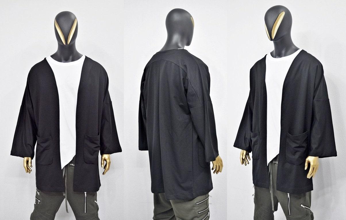 XS - 8XL Men's Japanese Oversized 3/4 Sleeve Samurai Long Cotton Jersey Cardigan Kimono Jacket,Shirt,Asymmetrical Blouse,,Futuristic-BB433