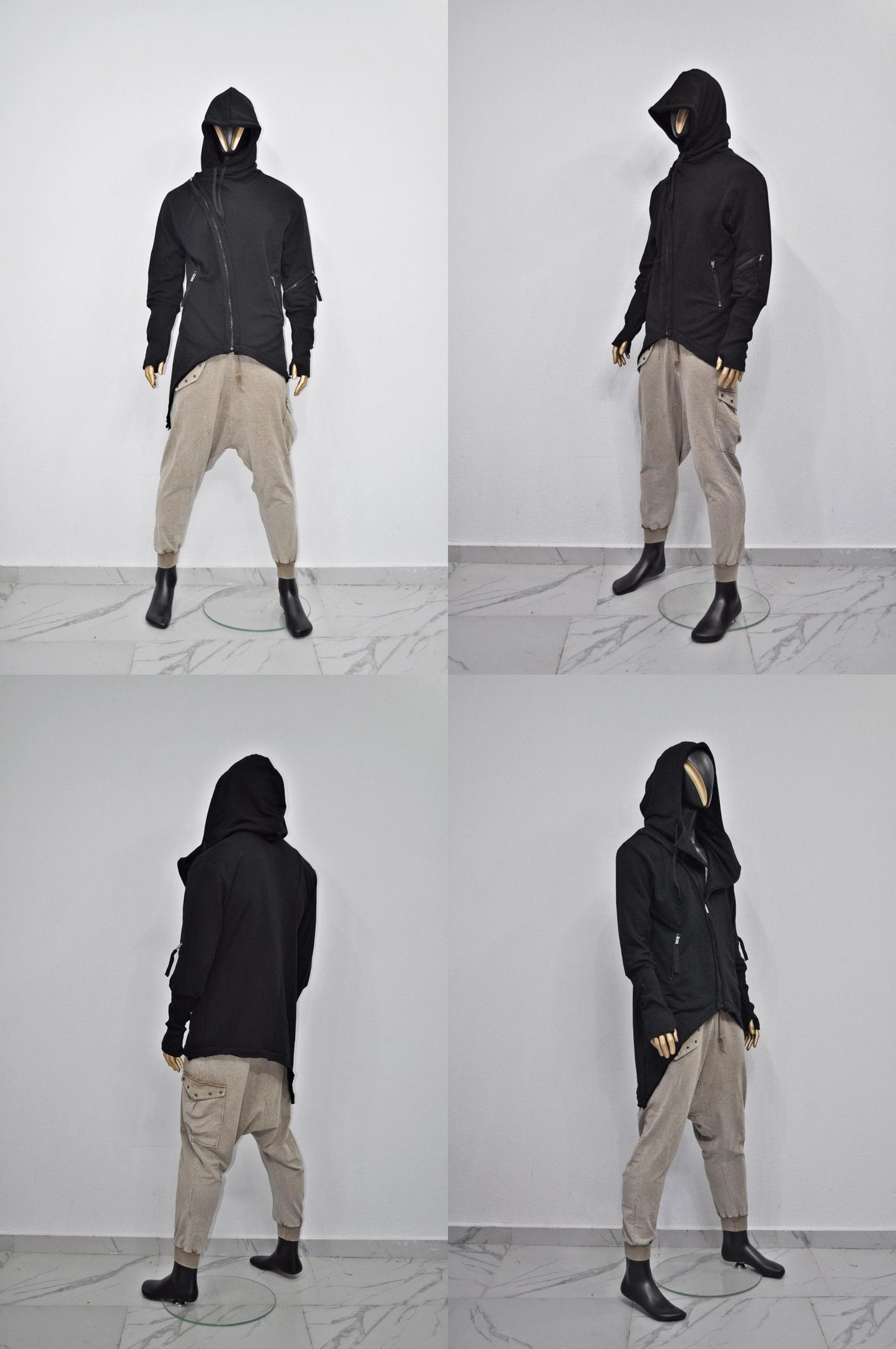 XS-8XL Men's Asymmetric Cut, Fleece Pullover, Black Jumper Top, Ashassin Tech Zipper Sleeve Goth Long Jacket Hoodie, Handmade Gift - BB0175