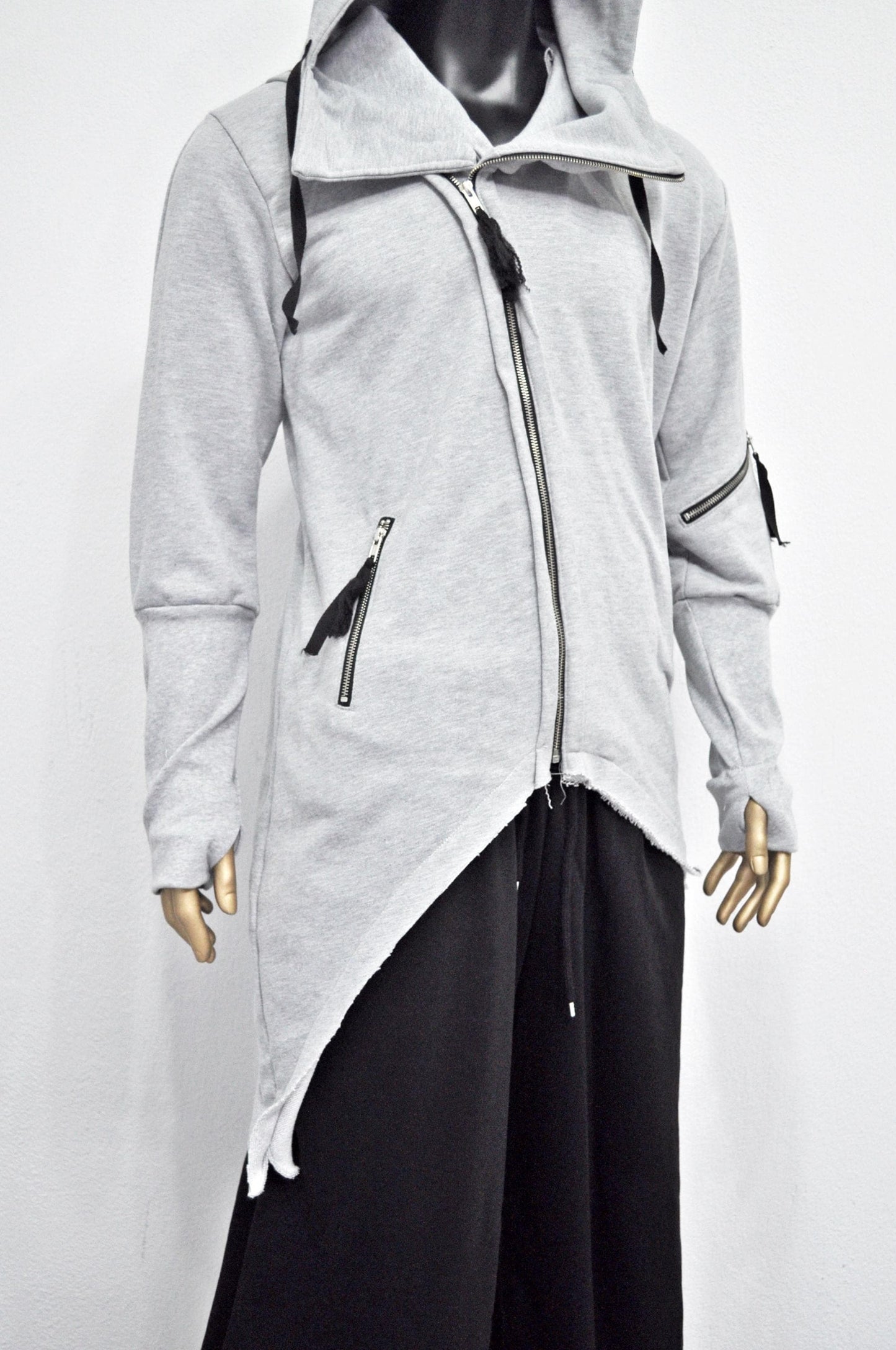 XS-8XL Men's Asymmetric Cut, Fleece Pullover, Black Jumper Top, Ashassin Tech Zipper Sleeve Goth Long Jacket Hoodie, Handmade Gift - BB0175