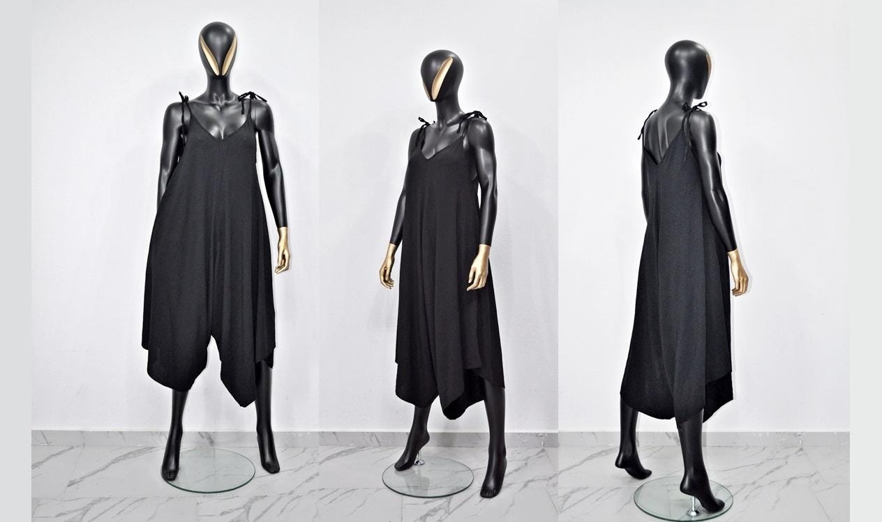 XS - 8XL Oversized Women's Crepe Cotton Solid Spaghetti Strap Deep V Neck Loose Fit Capri Length Jumpsuit -BB650