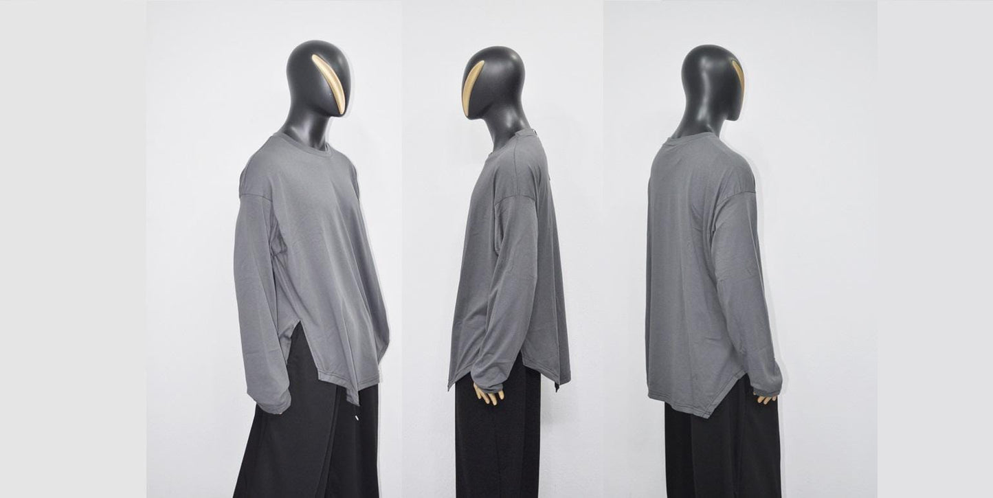 SHINOBI Men's Long-Sleeve Side Slit,Asymmetric Cut Long T-shirt