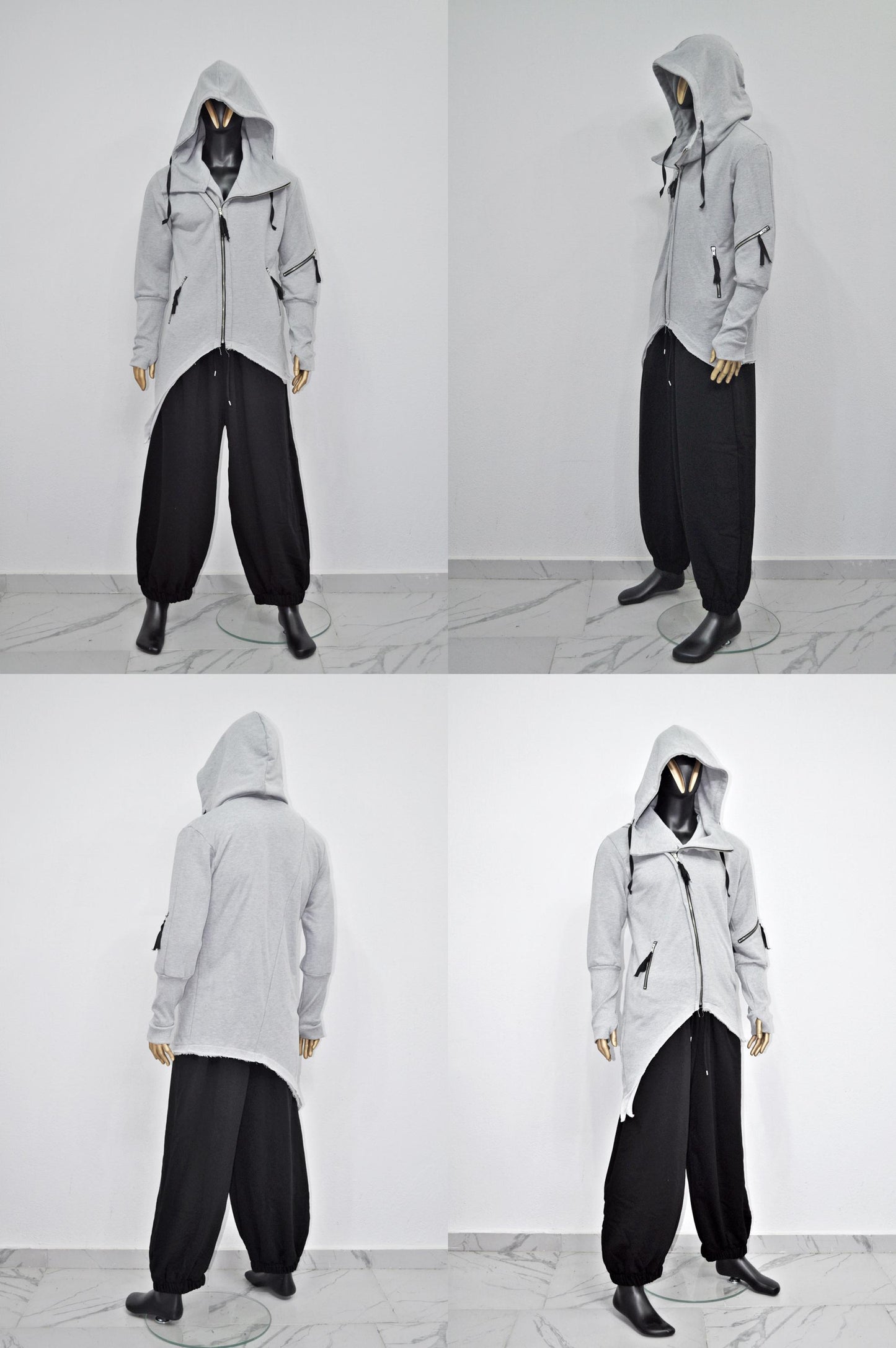 XS-8XL Men's Asymmetric Cut, Fleece Pullover, Black Jumper Top, Ashassin Tech Zipper Sleeve Goth Long Jacket Hoodie, Handmade Gift - BB0175