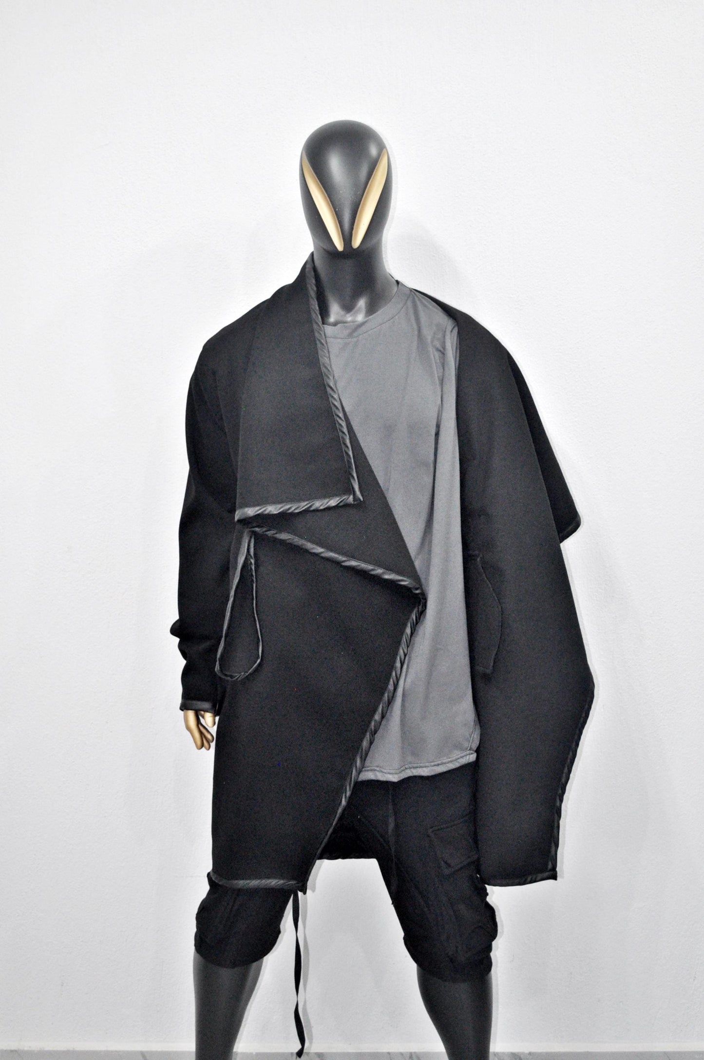 XS-8XL XS-8XL Asymmetrical Woolen Long Coat, High Collar Jacket, Leather Belt Cardigan,Winter Original Design Trim, Dark Gothic BTS -BB904