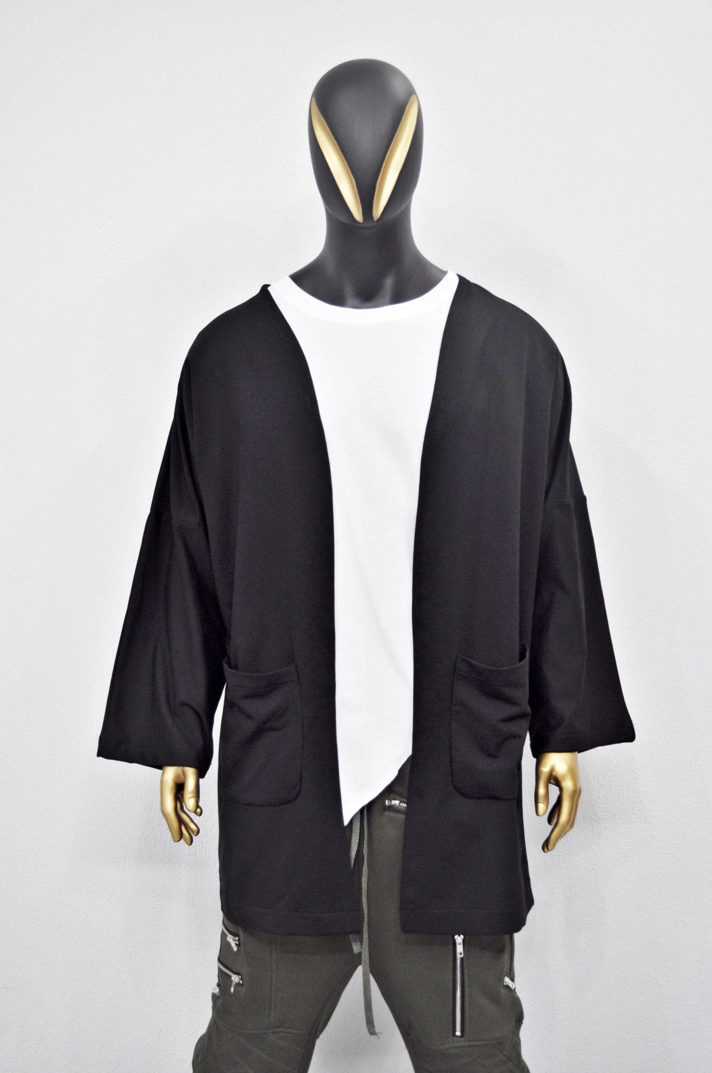 XS - 8XL Men's Japanese Oversized 3/4 Sleeve Samurai Long Cotton Jersey Cardigan Kimono Jacket,Shirt,Asymmetrical Blouse,,Futuristic-BB433
