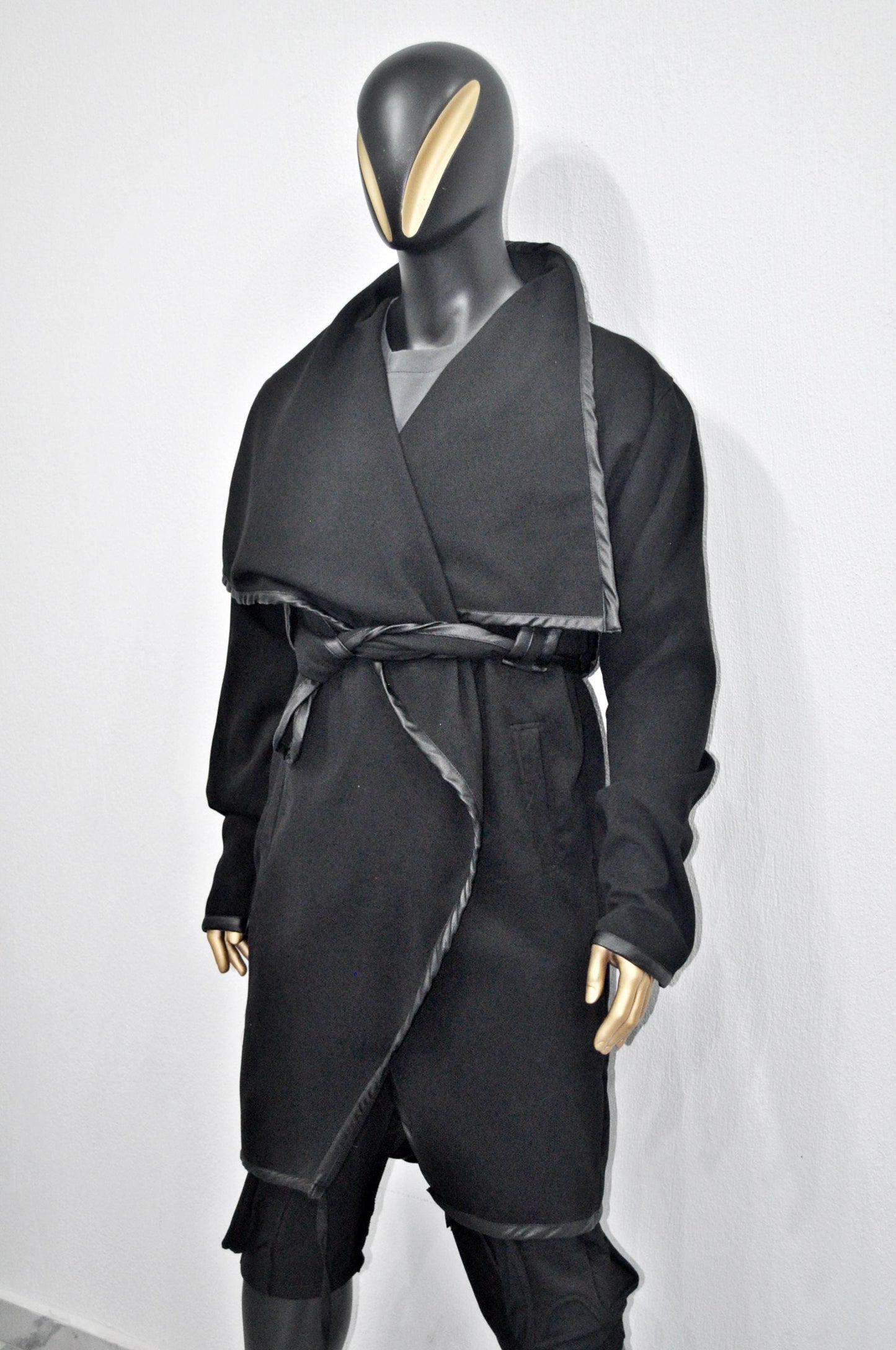 XS-8XL XS-8XL Asymmetrical Woolen Long Coat, High Collar Jacket, Leather Belt Cardigan,Winter Original Design Trim, Dark Gothic BTS -BB904