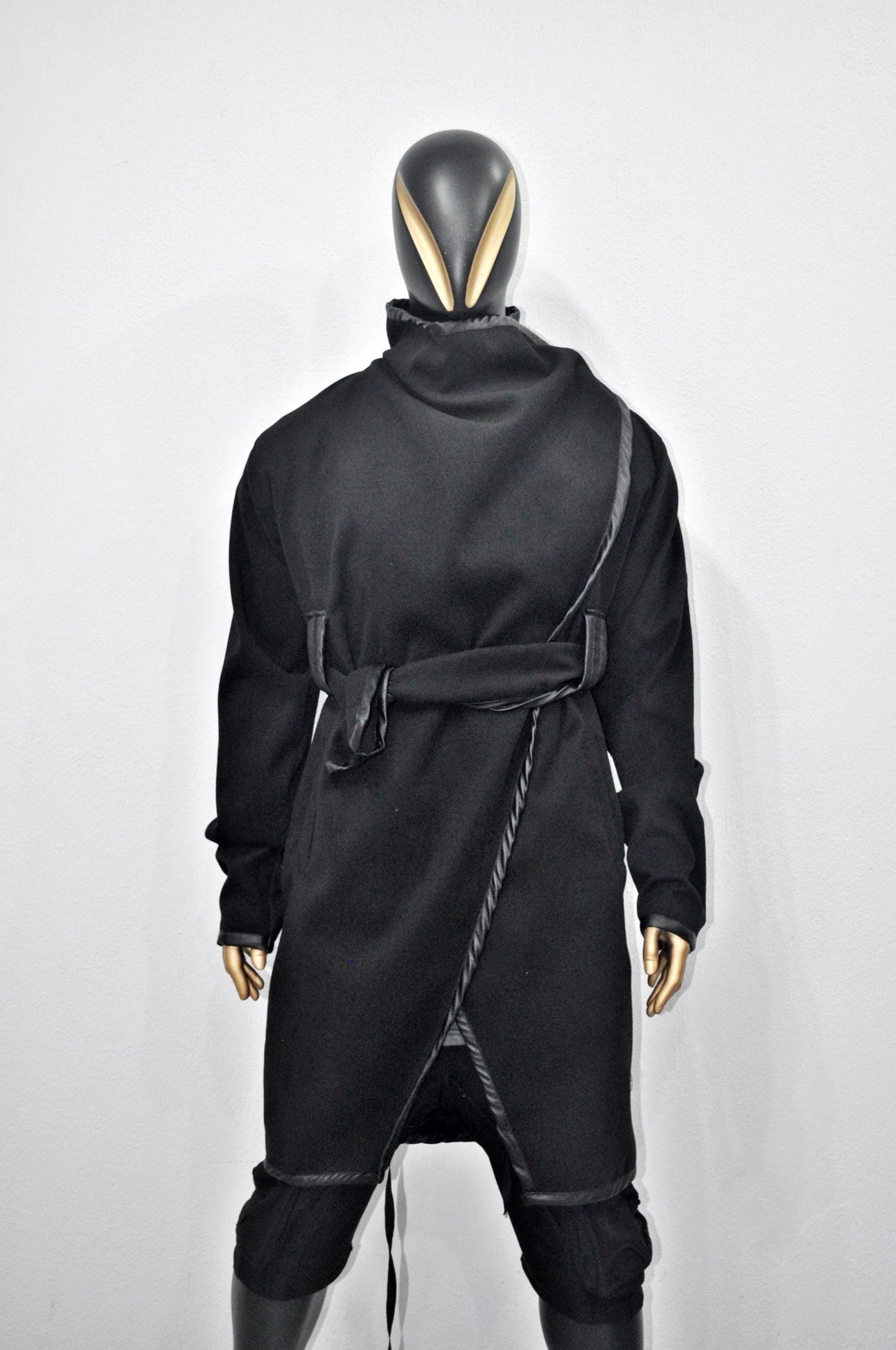 XS-8XL XS-8XL Asymmetrical Woolen Long Coat, High Collar Jacket, Leather Belt Cardigan,Winter Original Design Trim, Dark Gothic BTS -BB904