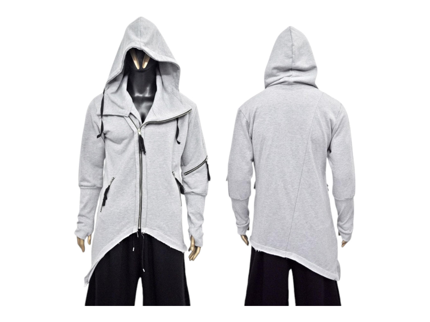 XS-8XL Men's Asymmetric Cut, Fleece Pullover, Black Jumper Top, Ashassin Tech Zipper Sleeve Goth Long Jacket Hoodie, Handmade Gift - BB0175