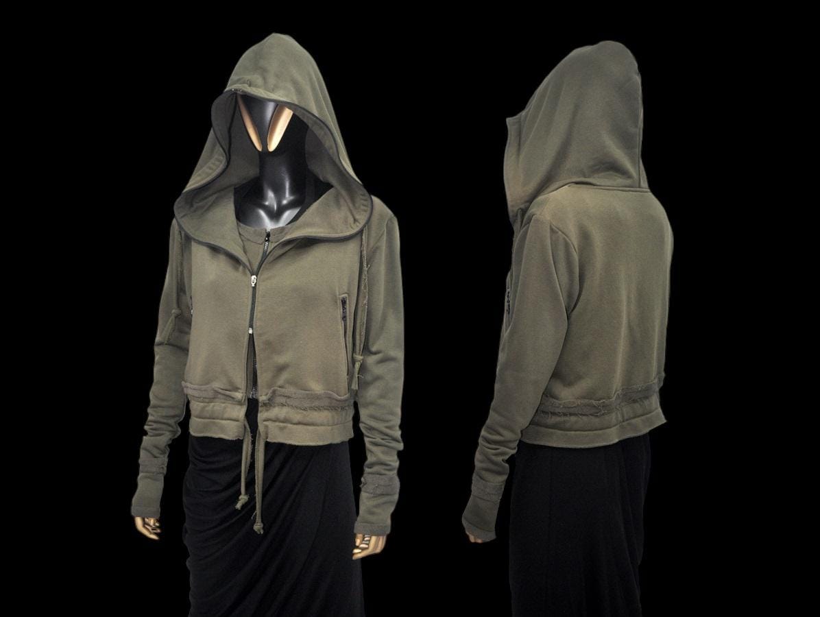 XS - 8XL Asymmetric Raw Cut Cropped Double Look Long Sleeve Hoodie, DOUBLE Full Zip LAYERED Top -BB124