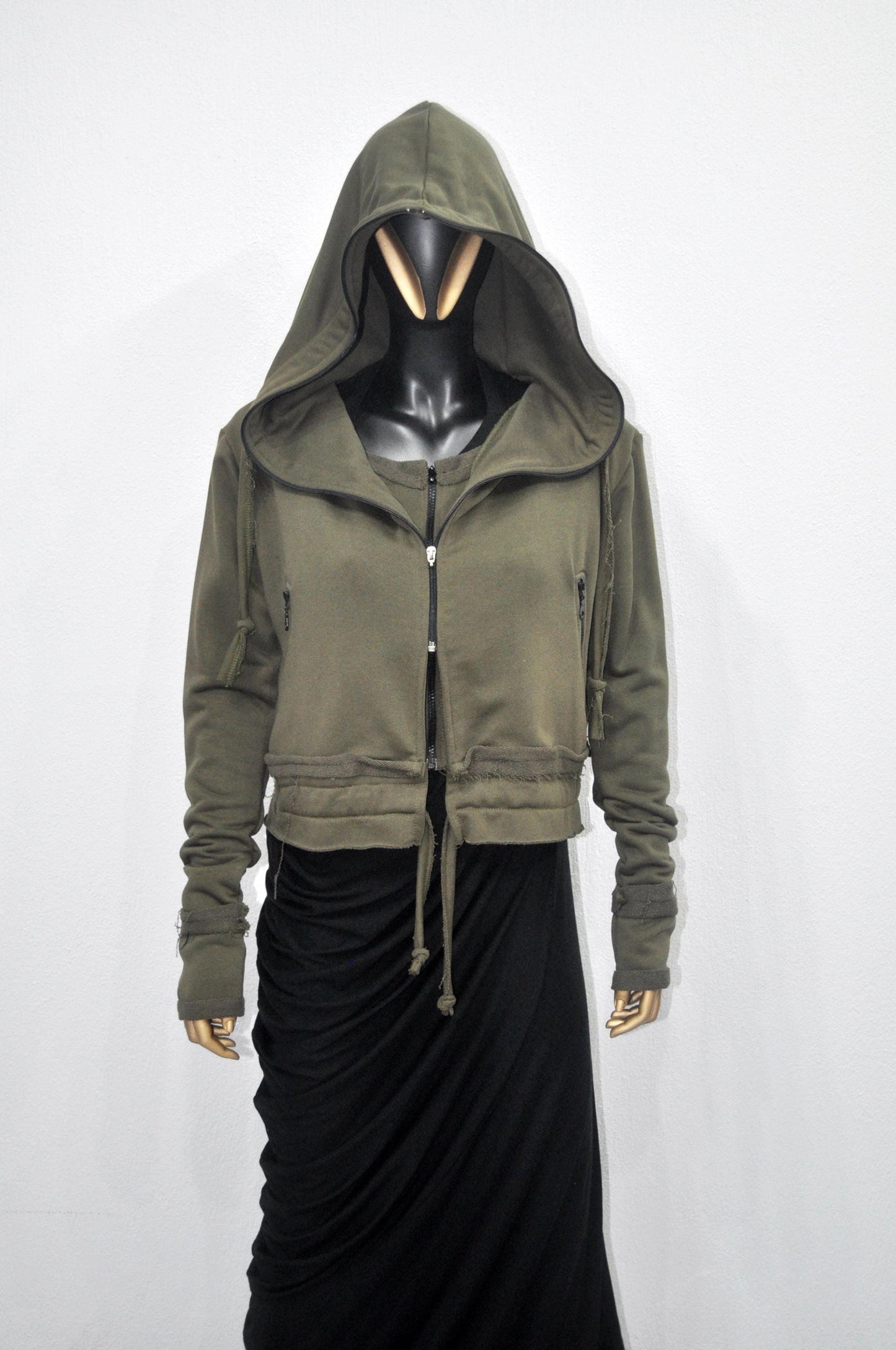 XS - 8XL Asymmetric Raw Cut Cropped Double Look Long Sleeve Hoodie, DOUBLE Full Zip LAYERED Top -BB124