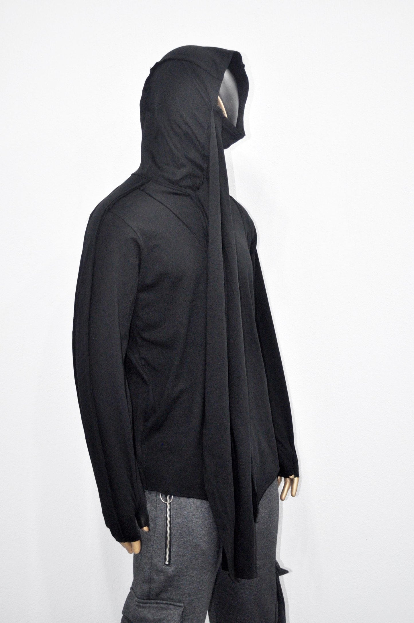 Men Long Sleeve Thumbs-Hole T shirt with Oversized Dystopian Shawl Scarf,Extra Long Wrap -BB512