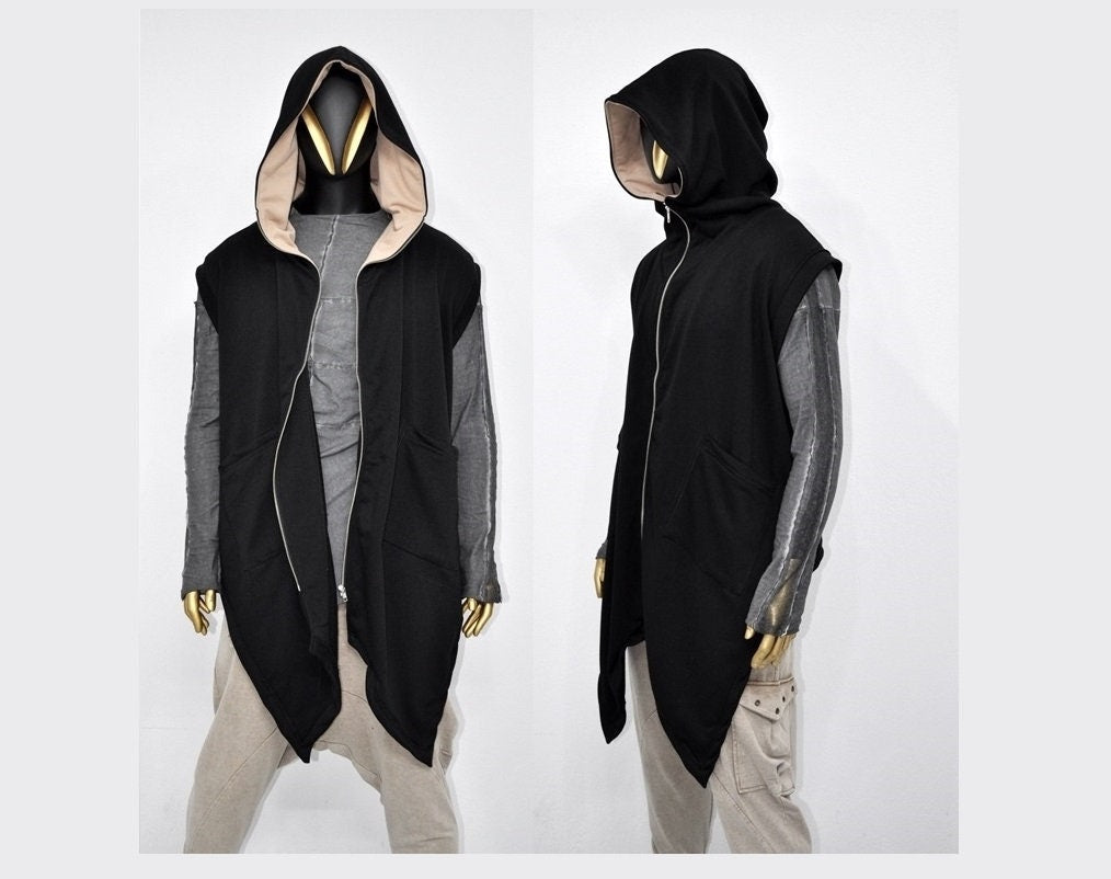 Sleeveless Hooded Cardigan Black,Waistcoat Sweater Shawl,Asymmetrical Vest-BB165