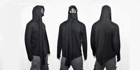Men Long Sleeve Thumbs-Hole T shirt with Oversized Dystopian Shawl Scarf,Extra Long Wrap -BB512