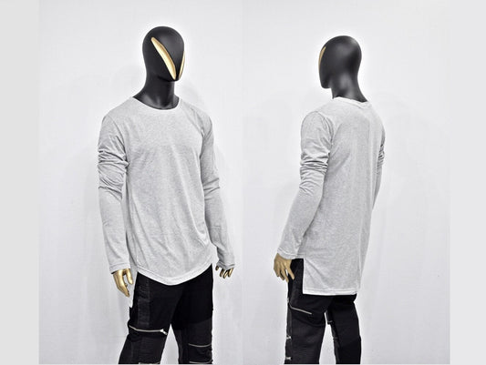 Men Gray Long Sleeve Scoop Crew Neck Tshirt, Extended Essential Back Long - BB409