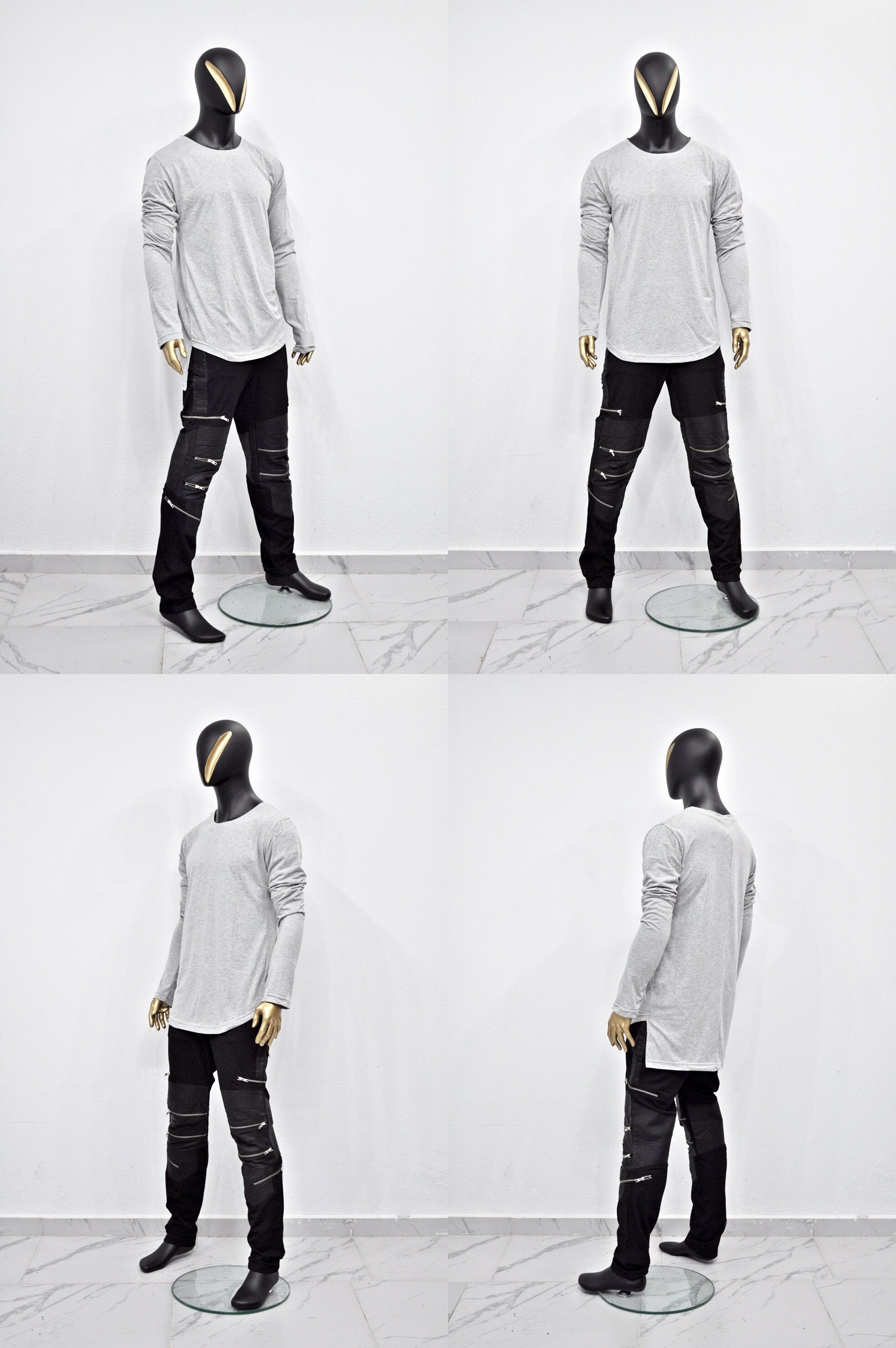 Men Gray Long Sleeve Scoop Crew Neck Tshirt, Extended Essential Back Long - BB409