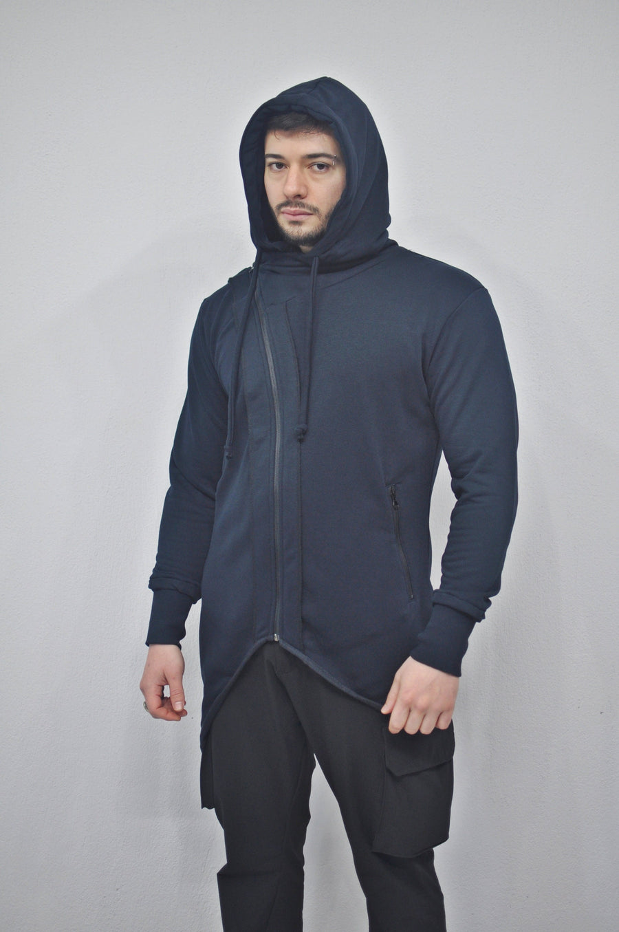 XS - 8XL Men Navy Steampunk Cyberpunk Asymmetric Zip-up Hooded Jacket Top,Gothic Hoodie,Fleece Fitted Streetwear Futuristic Clothing- BB0144