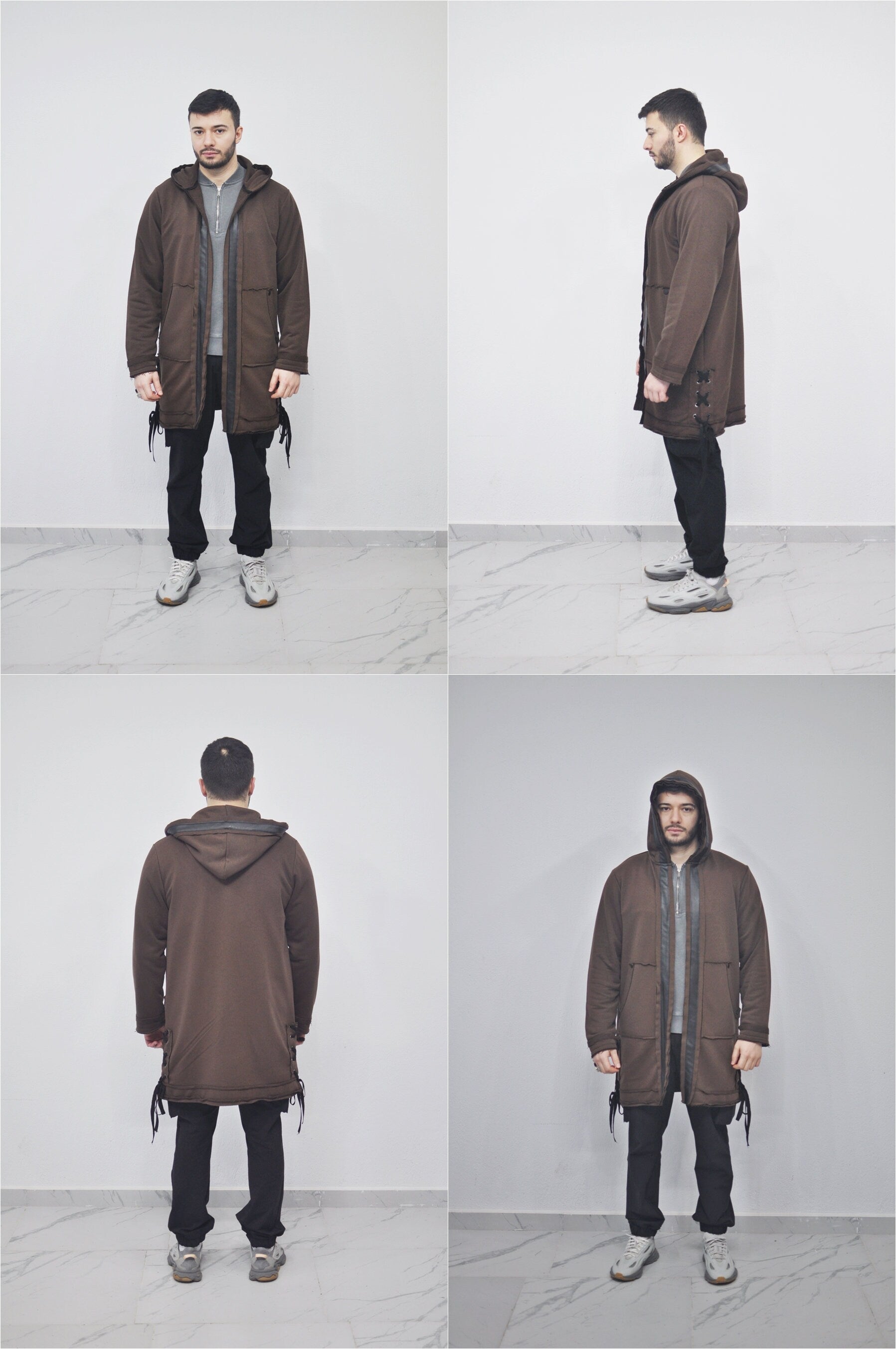 XS-8XL Oversized Hooded Loose Long Leather Stitched Edge Drawstring Tied Up Cardigan / Avantgarde-Dystopian Fashion Streetwear Cape- BB0143