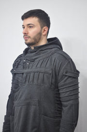 XS-8XL Men's Black Quilted Sleeves Cardigan Loose JACKET,Cyber Goth ,Long Asymmetric Cosplay, Futuristic- Post Apocalyptic Dystopian- BB0122