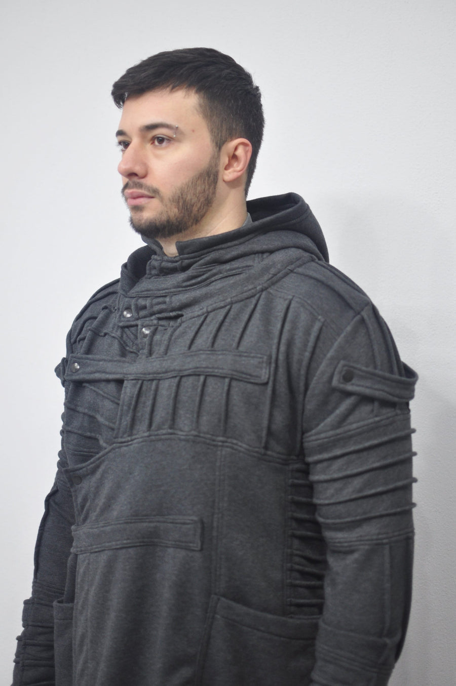 XS-8XL Men's Black Quilted Sleeves Cardigan Loose JACKET,Cyber Goth ,Long Asymmetric Cosplay, Futuristic- Post Apocalyptic Dystopian- BB0122