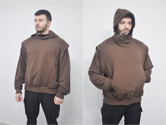 XS-8XL Men's Dropped Shoulder Armored Knight Styl,Avantgarde-Dystopian,Streetwear Vest Hooded DOUBLE Look/Pullover Hoodie Sweatshirt- BB0131