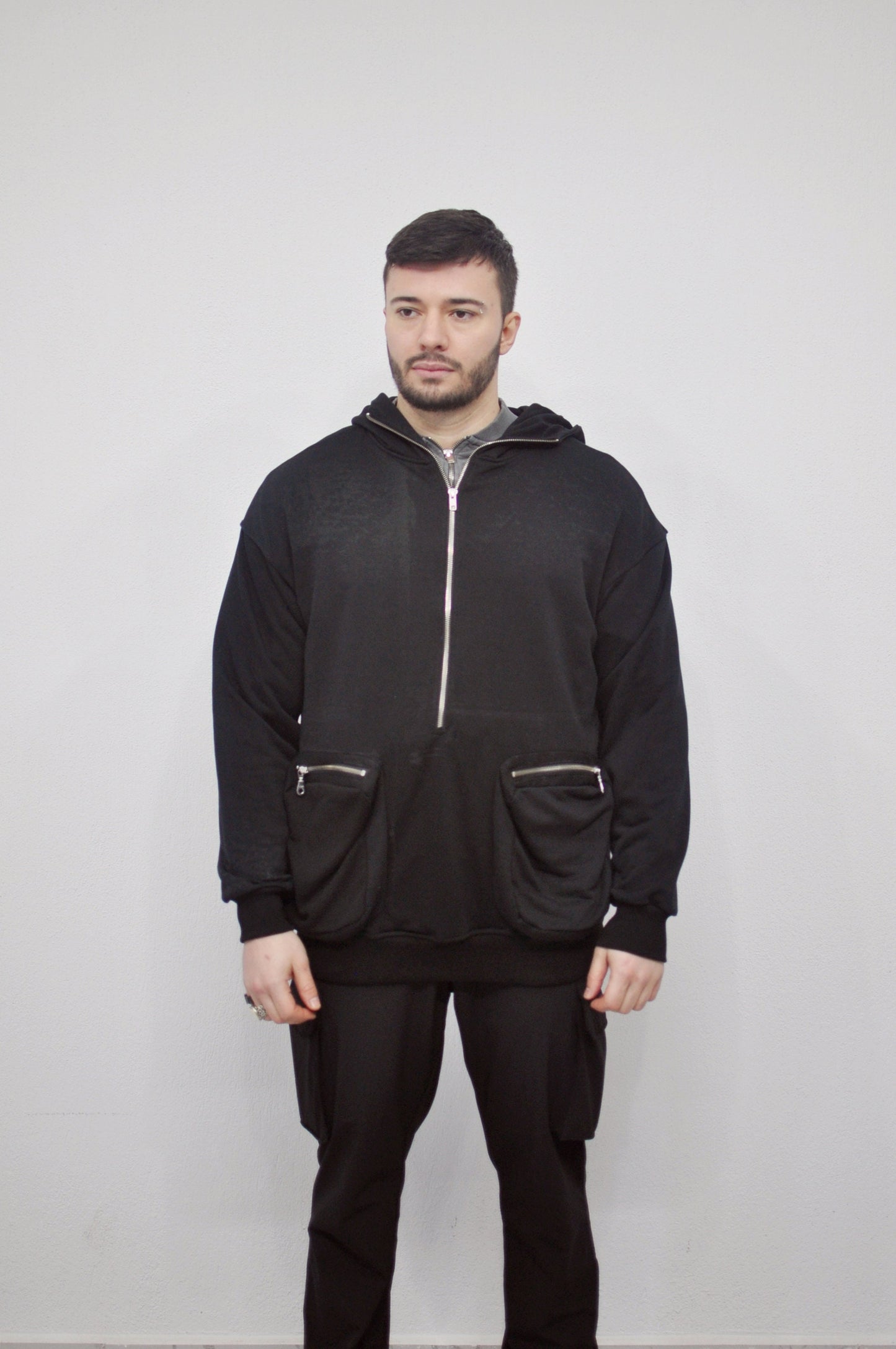 XS-8XL Men's Dropped Shoulder Boxyfit Quarter Zip Front Big Pokets , Oversized Pullover Sweatshirt Hoodie/ High Neck / Hunter- BB0126
