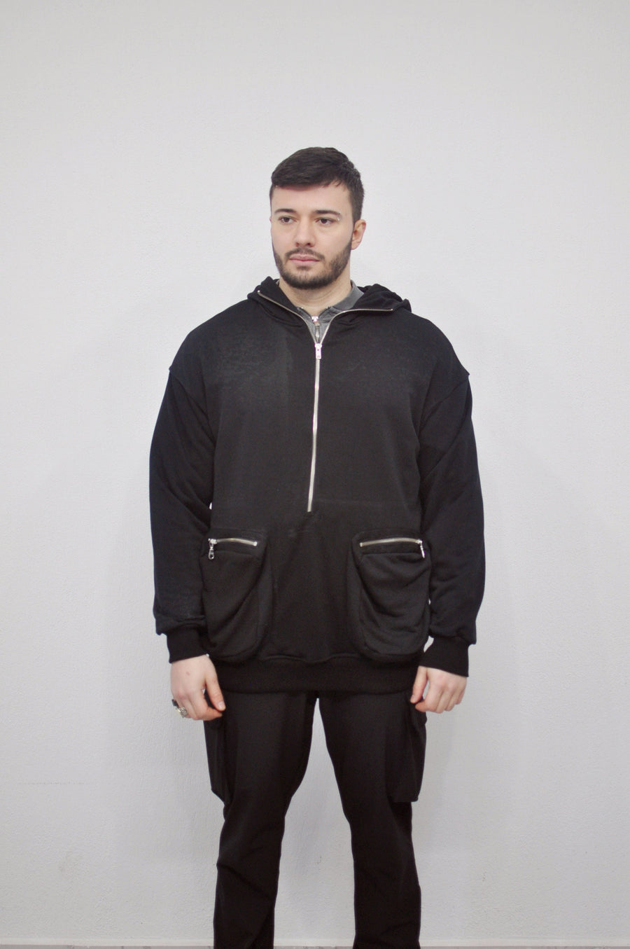 XS-8XL Men's Dropped Shoulder Boxyfit Quarter Zip Front Big Pokets , Oversized Pullover Sweatshirt Hoodie/ High Neck / Hunter- BB0126