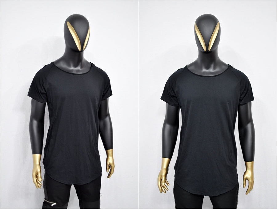XS-8XL Men's Back Stitching Reglan Short Sleeve Scoop Raw Neck Curved Hem T-shirt , Asymmetric, Streetwear Men Extended Loose Shirt- BB463