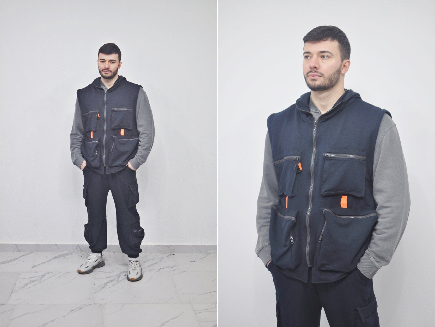 XS-8XL Men's Loose Utility Jogging Tracksuit,Detachable Cargo Waistcoat Pockets Jacket,Buckle Pants Hip Hop,MultiFunctional,CyberPunk- BB272