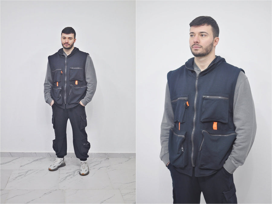 XS-8XL Men's Loose Utility Jogging Tracksuit,Detachable Cargo Waistcoat Pockets Jacket,Buckle Pants Hip Hop,MultiFunctional,CyberPunk- BB272